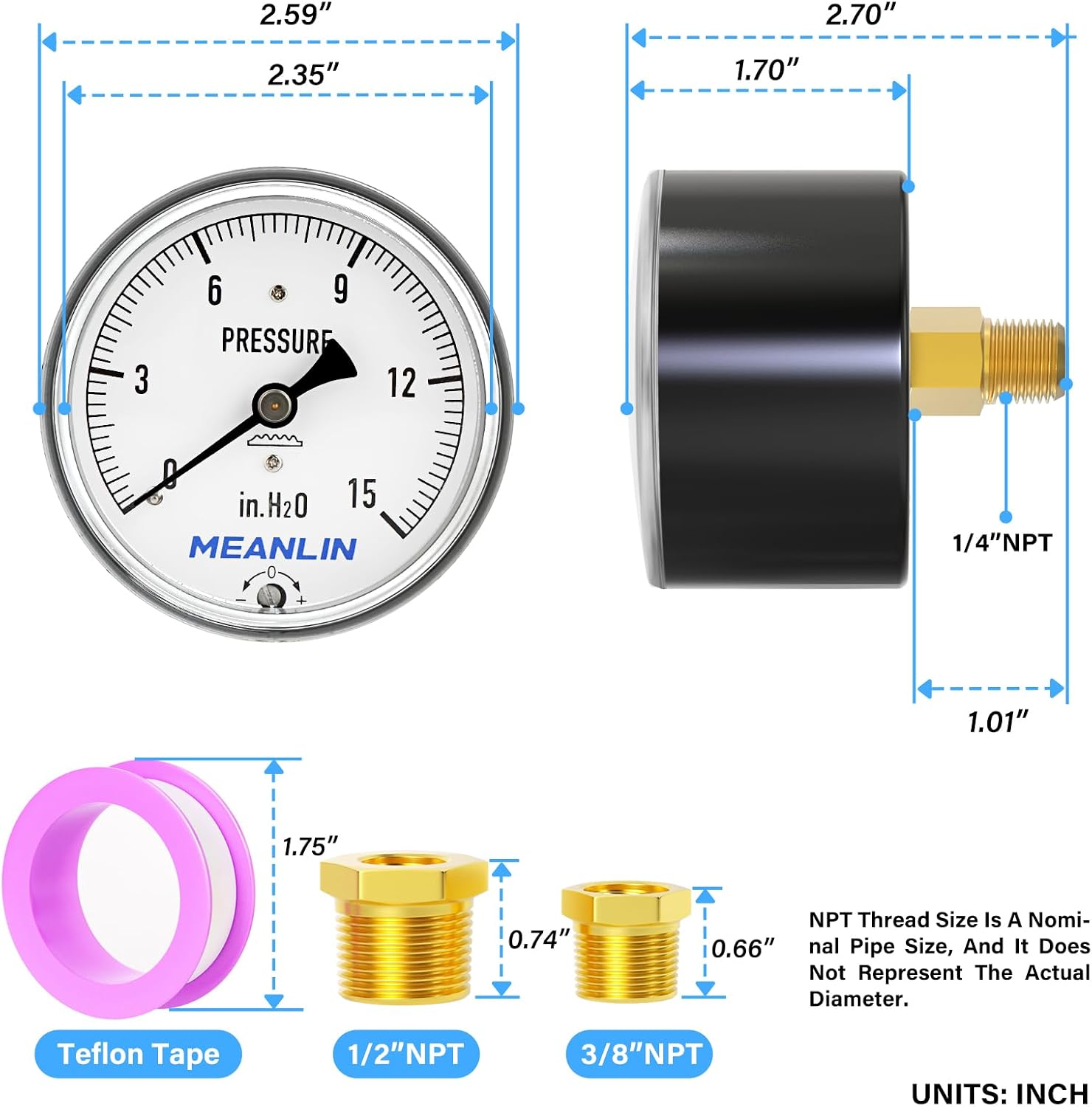 MEANLIN MEASURE 0-15 in H2O Diaphragm Type Capsule Low Pressure Gauge 1/4" NPT 2-1/3" FACE DIAL Adjustable Water Column Gauge, with 1/2" NPT and 3/8" NPT Hex Bushing, Back Mount