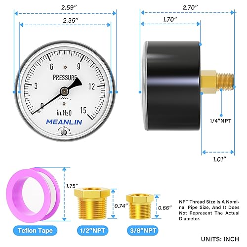 Miniatura 2 de MEANLIN MEASURE Manómetro de baja presión tipo cápsula de diafragma H2O de 0-15 pulgadas NPT de 2-13 pulgadas, esfera de cara ajustable, con 14 x 12