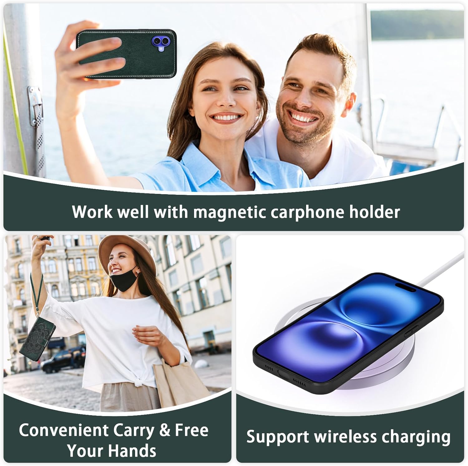 Asuwish Phone Case for iPhone 16 6.1 inch Zipper Wallet Detachable Cell Cover with Tempered Glass Screen Protector Crossbody Lanyard Strap Flower Card Holder Slot i Phone16 i16 16Case Women Dark Green
