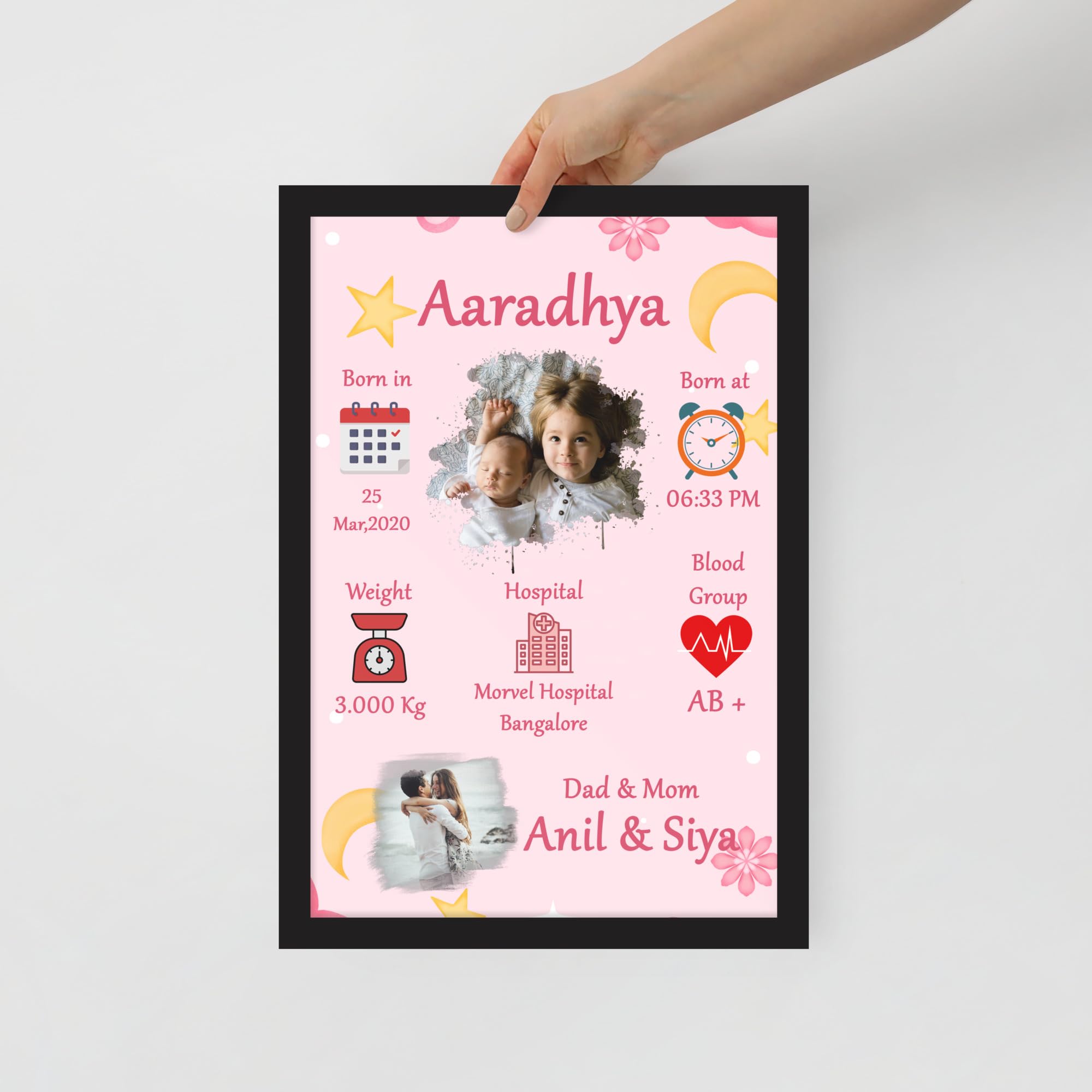 Ibgyor Store Personalized Baby Memory Collage Frame – Customizable with Baby’s Name, Birth Details, and Photos | Ideal for Baby Showers, Newborn Gifts, First Birthday Keepsake,BLCKSPLSHGIRLBORN(12x18)