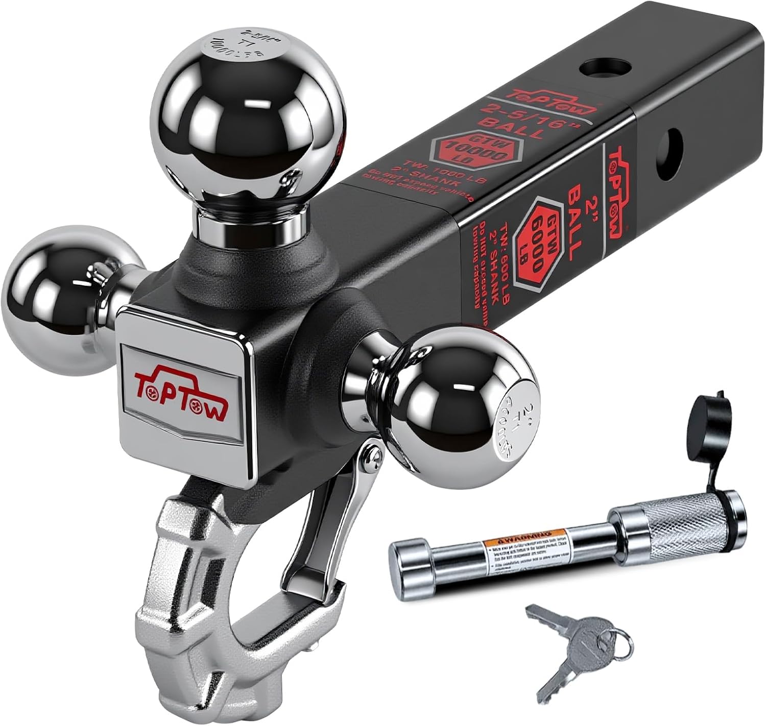 TOPTOW Trailer Hitch Tri-Ball Hitch with Hook, Triple Tow Balls, 2-inch Shank, Multi-fit for 2 inch Trailer Hitch Receiver, 5/8" Hitch Lock Included