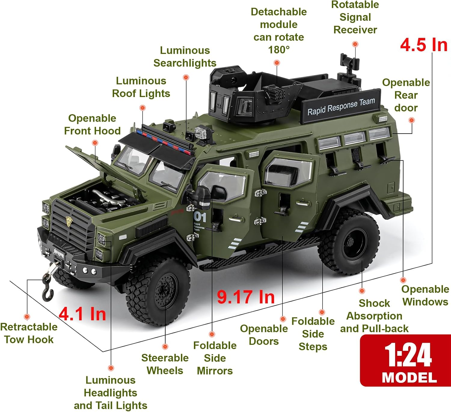 Diecast 1:24 Army Truck, Military Vehicle Toy, 11 Openable Doors, Pull-Back
