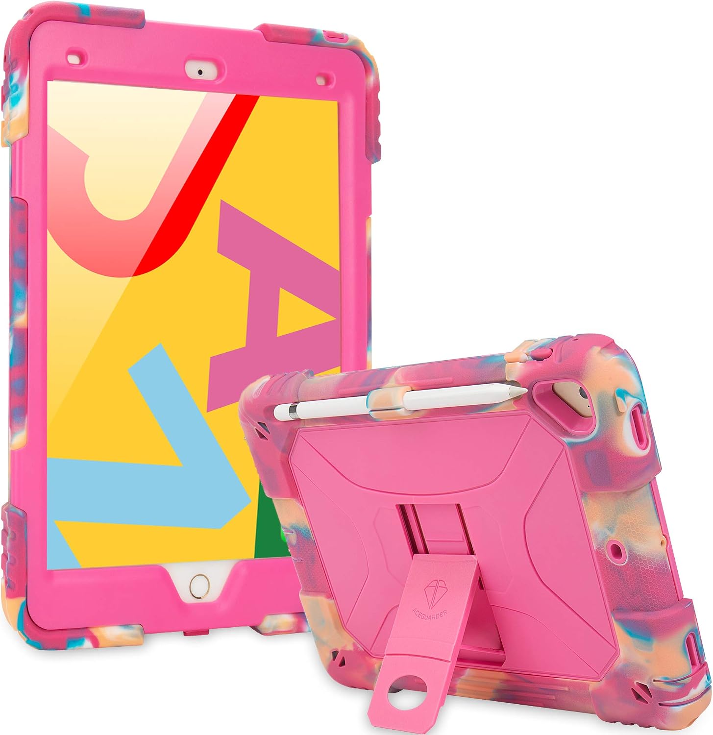 iPad 10.2 Case 2019 iPad 7th Generation Case iPad 10.2 inch 2020 iPad 8th Generation Case Heavy Duty Shockproof Soft Silicone Cover with Pencil Holder Kickstand - Pink