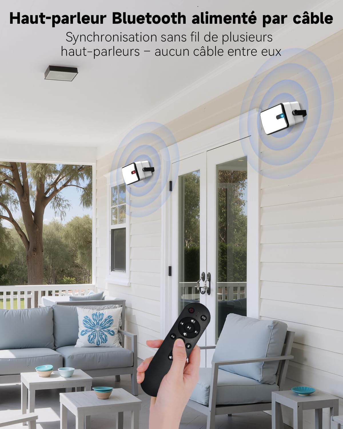 250W Haut-parleurs Bluetooth Extérieurs, Synchronisation sans Fil Entre Haut-parleurs, Montage Murale pour Terrasse, Véranda, Gazebo, Garage, Pack de 2 (MZ-632)