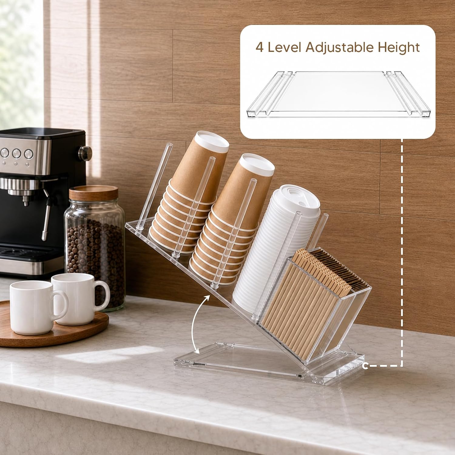 Clear Acrylic Coffee Cup & Lid Holder with Straw Organizer