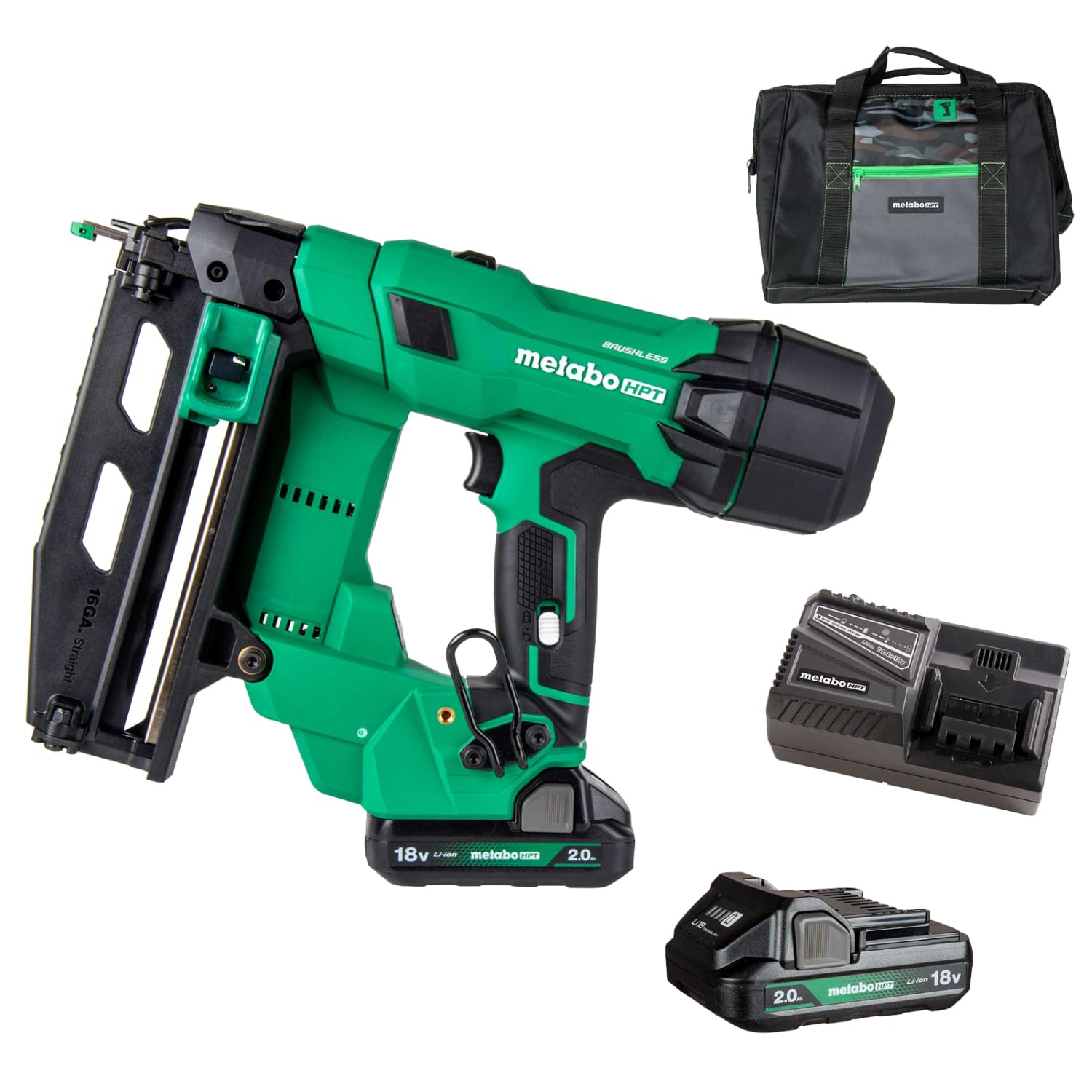 metabo hpt 18v multivolt brushless pro 16-ga straight finish nailer kit, 16 gauge finish nailer, power tool with 2.0ah lithium ion battery, 1" to 2-1/2" nails, powerful brushless motor, nt1865dsa