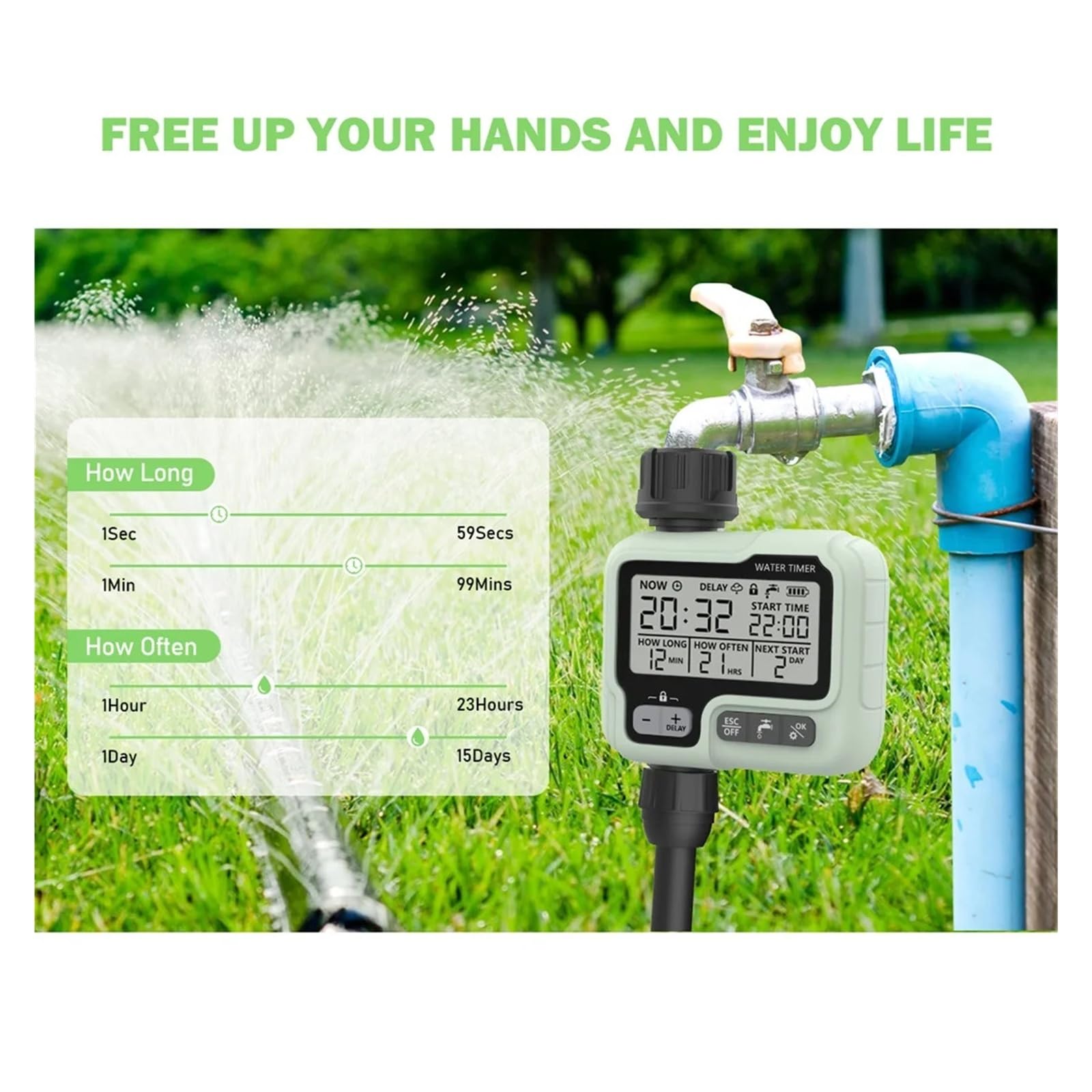 HCT-322 Programmatore digitale for irrigazione da giardino Irrigazione automatica | Timer digitale per l'irrigazione del giardino con controllo automatico dell'irrigazione. (HCT-322-UN)