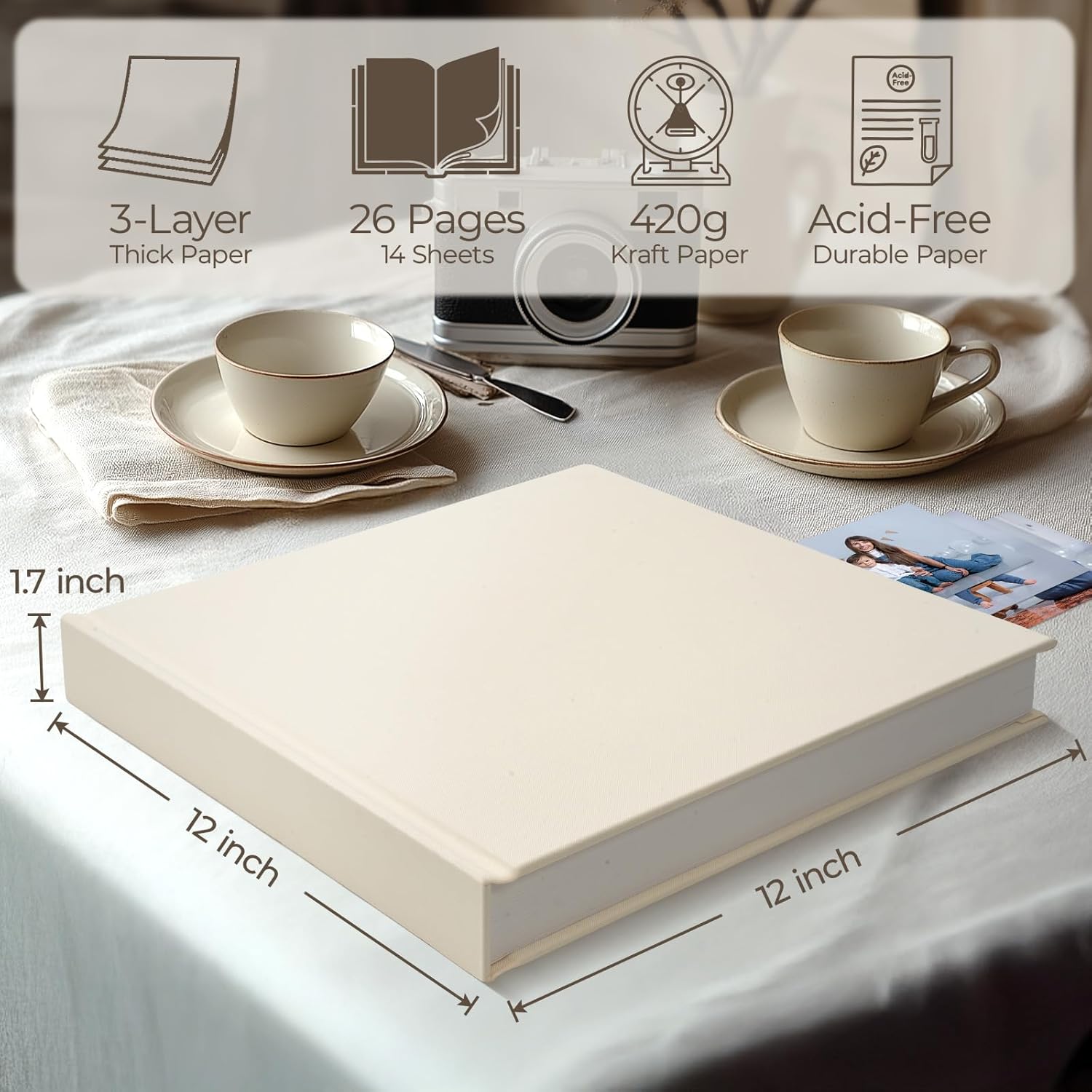 Vienrose Scrapbook Album, 12"x12" DIY Scrapbook Photo Album Linen Cover Kraft Paper with 20 Sheets 40 Pages, Scrapbooking Supplies for Wedding, Anniversary, Family, Valentine Gift, Beige