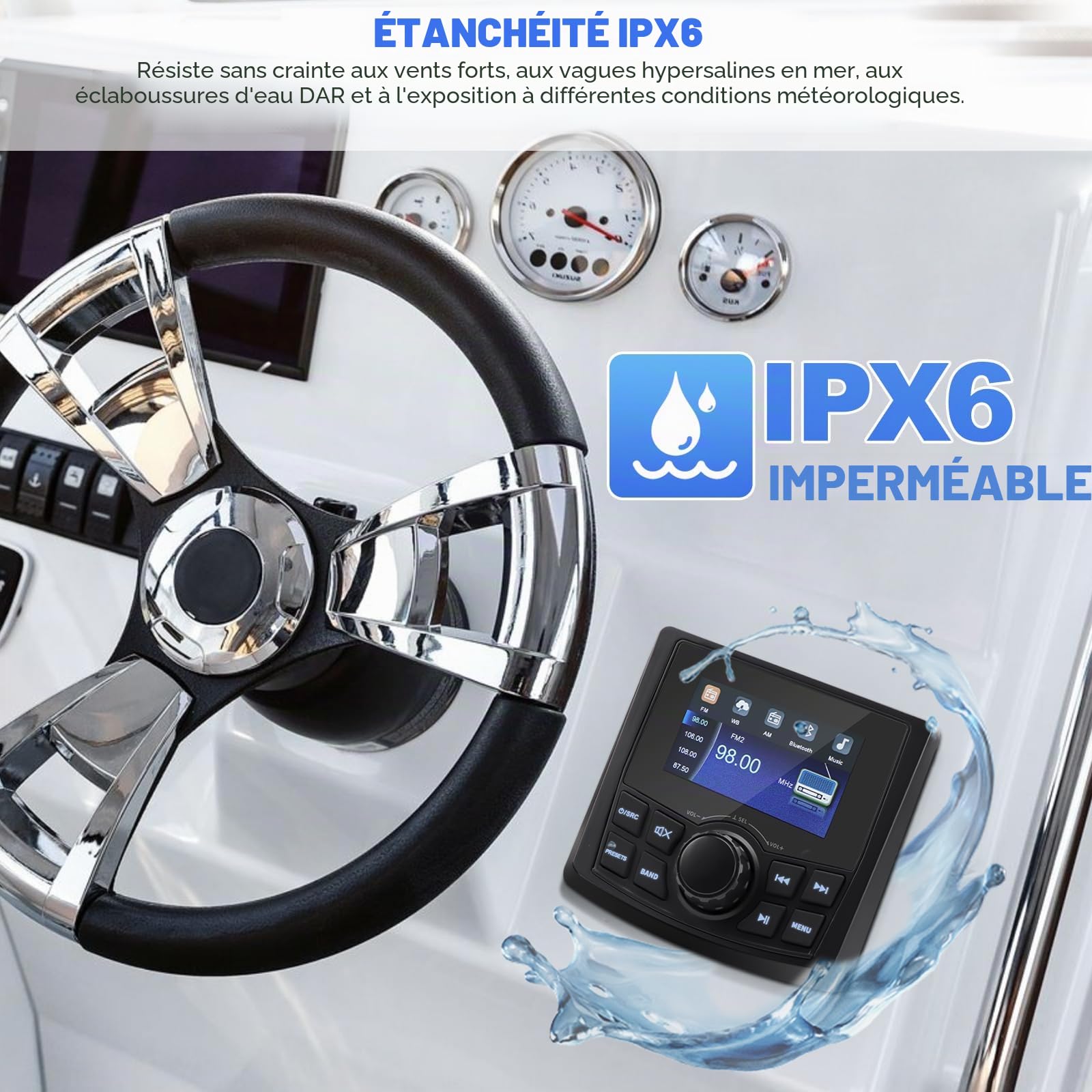 Récepteur stéréo MP5 Marine – Radio numérique pour Bateau avec Lecteur multimédia MP5 et étanchéité IPX6 en BT pour Bateau et Usage Professionnel