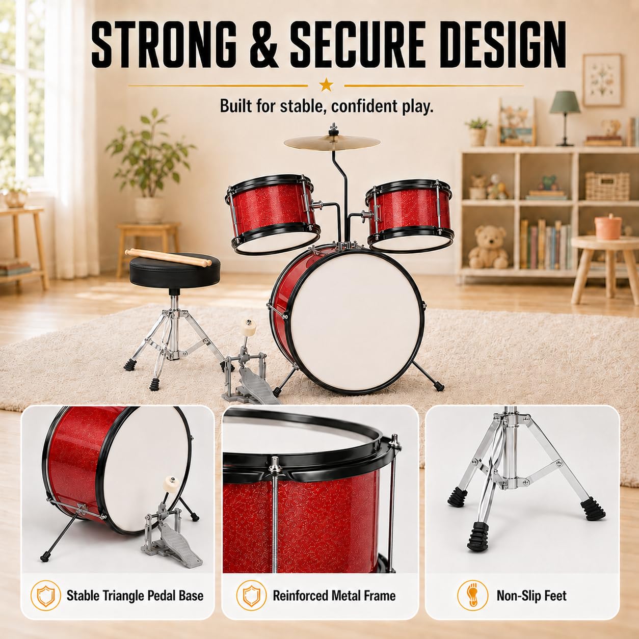 35.6 cm Kids Drum Set, 3-teiliges Junior Anfänger Schlagzeug Set für Kinder mit Becken, verstellbarem Hocker, zwei Paar Drumsticks, Pedal & Schraubenschlüssel - Rot