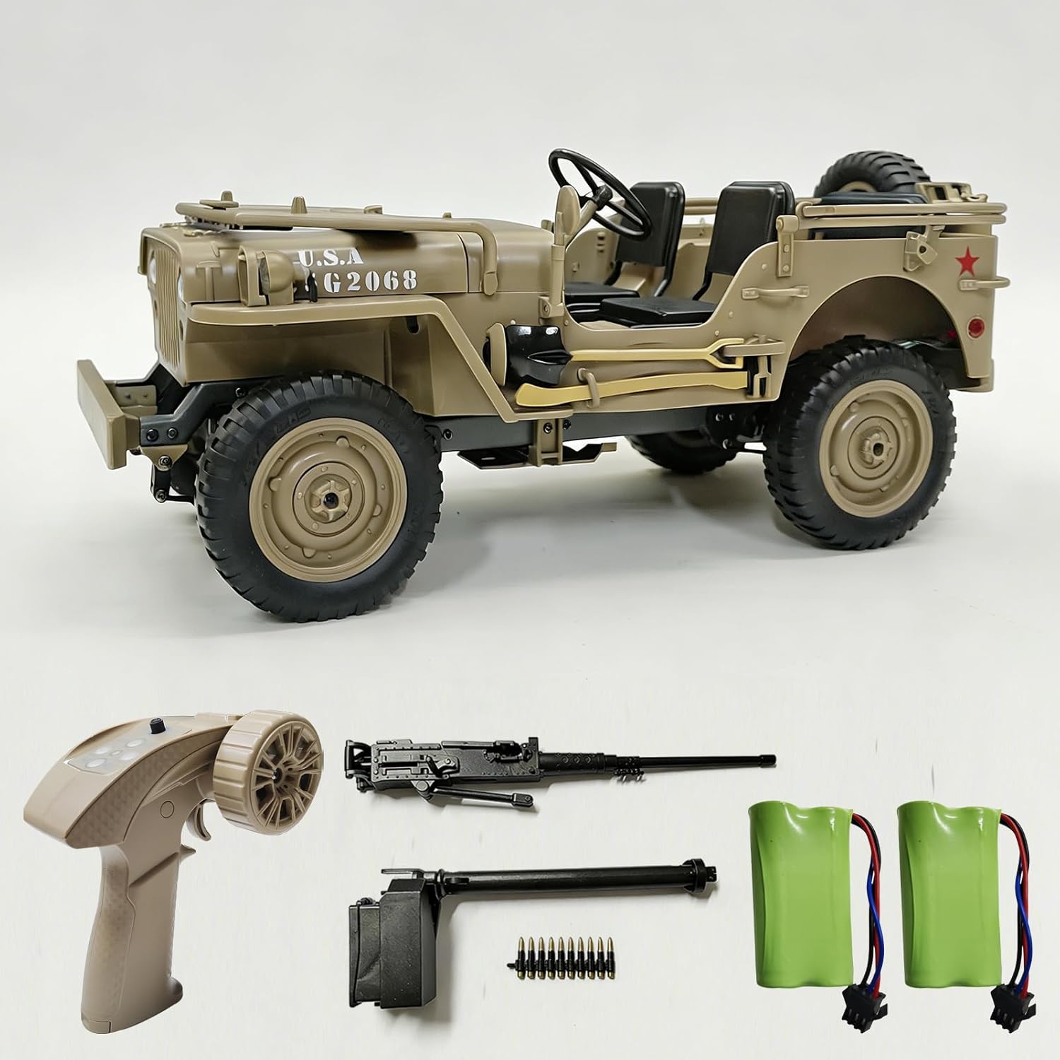 Skymaker RC Trail Truck 4x4 Remote Control Rock Crawler Off Road RC Jeep with Machine Gun & Two Batteries RTR All Terrains 2.4GHz Military Car for Adult(Camel)