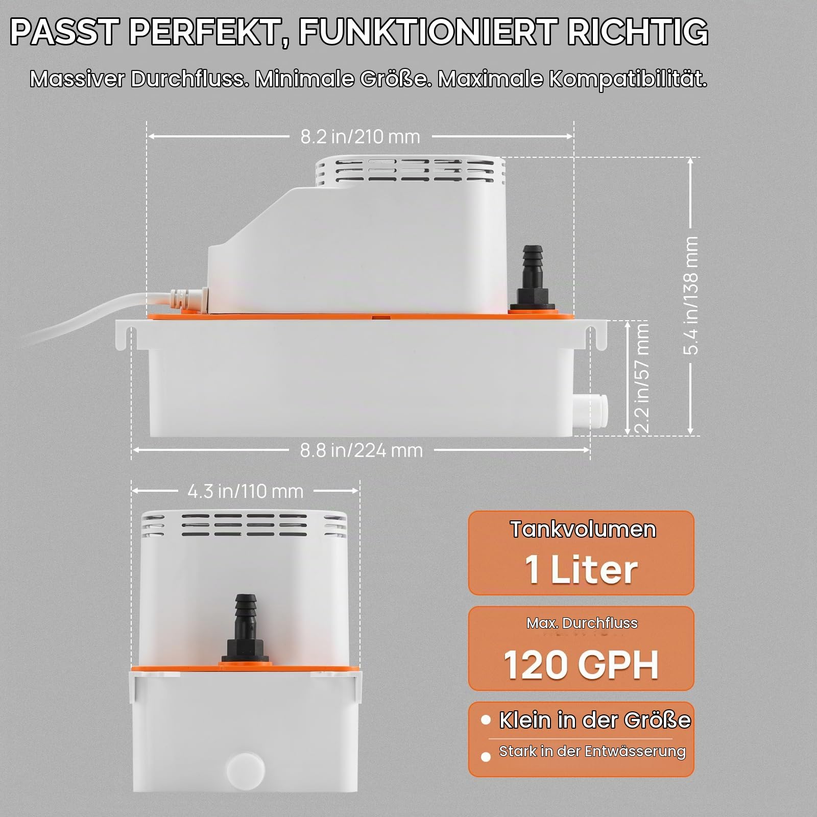 TURBRO Kondensatpumpe, 454 L/h, 7,9m Hub | 100-240V universell, Schwimmerschalter, 25W leise 35dB, für Klimaanlage, Entfeuchter