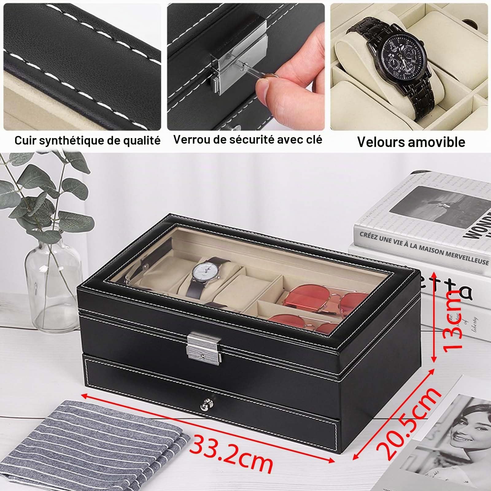 Boite Montre avec 6 Porte Montres, Coffret Montre Homme, Boite à Bijoux, Rangement Lunette de Soleil, Rangement Montres, Lunettes de Soleil, Bijoux et Accessoires