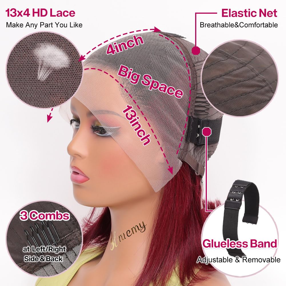 Bob Wig Human Hair 13x4 HD Lace Frontal Short Straight Lace Front Bob Wigs for Black Women Human Hair Pre Plucked Glueless Side Part 180% Density Ombre 99J Burgundy Color 1B/99J 16 Inch