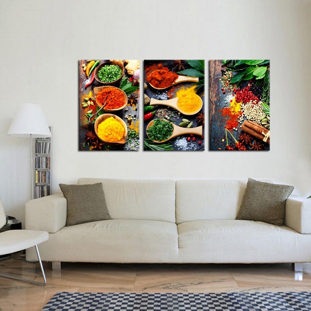 KREATIVE ARTS - Kitchen Pictures Wall Decor 3 Piece Set Canvas Prints Spices and Spoon Vintage Canvas Wall Art Vegetables Paintngs Print on Canvas Framed Ready to Hang for Living Room 16x24inchx3pc