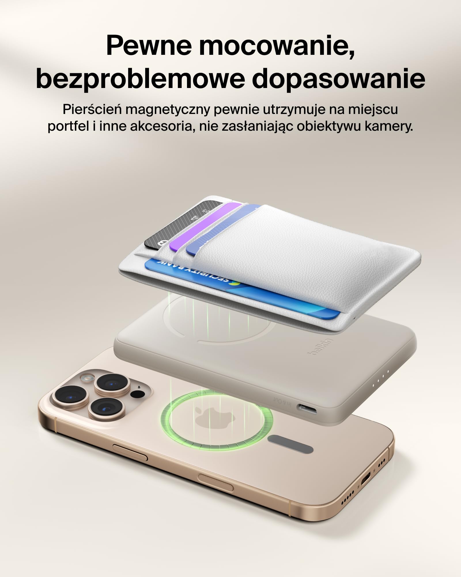Belkin BoostCharge Magnetyczny Powerbank 5000 mAh z Pierścieniem – Piaskowy | Powerbank Bezprzewodowy 5000 mAh, Pierścień Magnetyczny do Akcesoriów, Port USB-C, Wstępnie Naładowany, Kabel w Zestawie