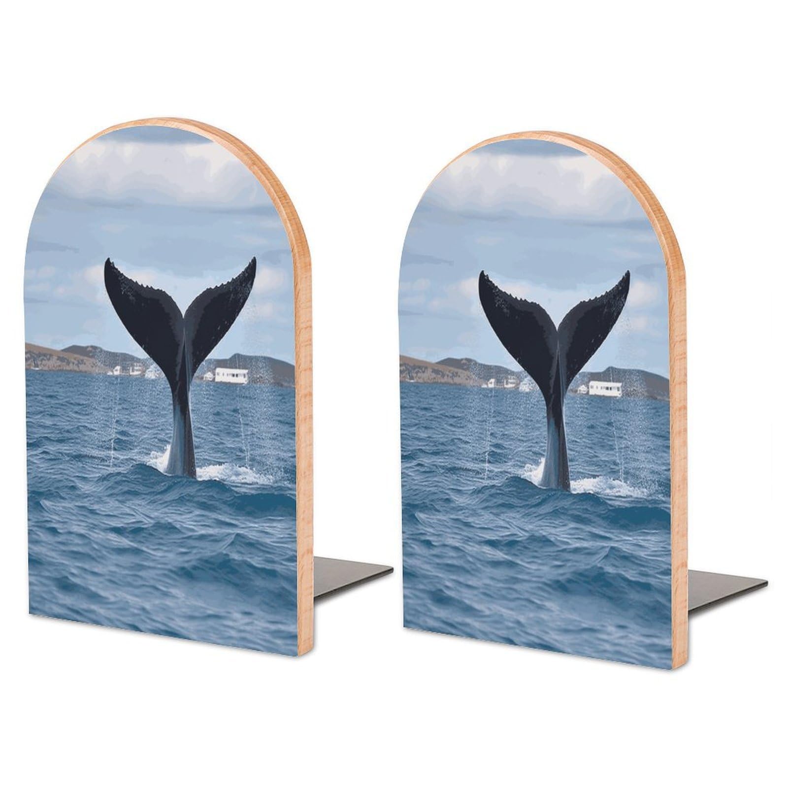 Large Whale Tail Book End with Metal Base Fashion Heavy Duty Bookend Exquisite Wooden Bookends Non-Skid Book Stopper for Shelves Books Organizer for Office Home 1 Pair