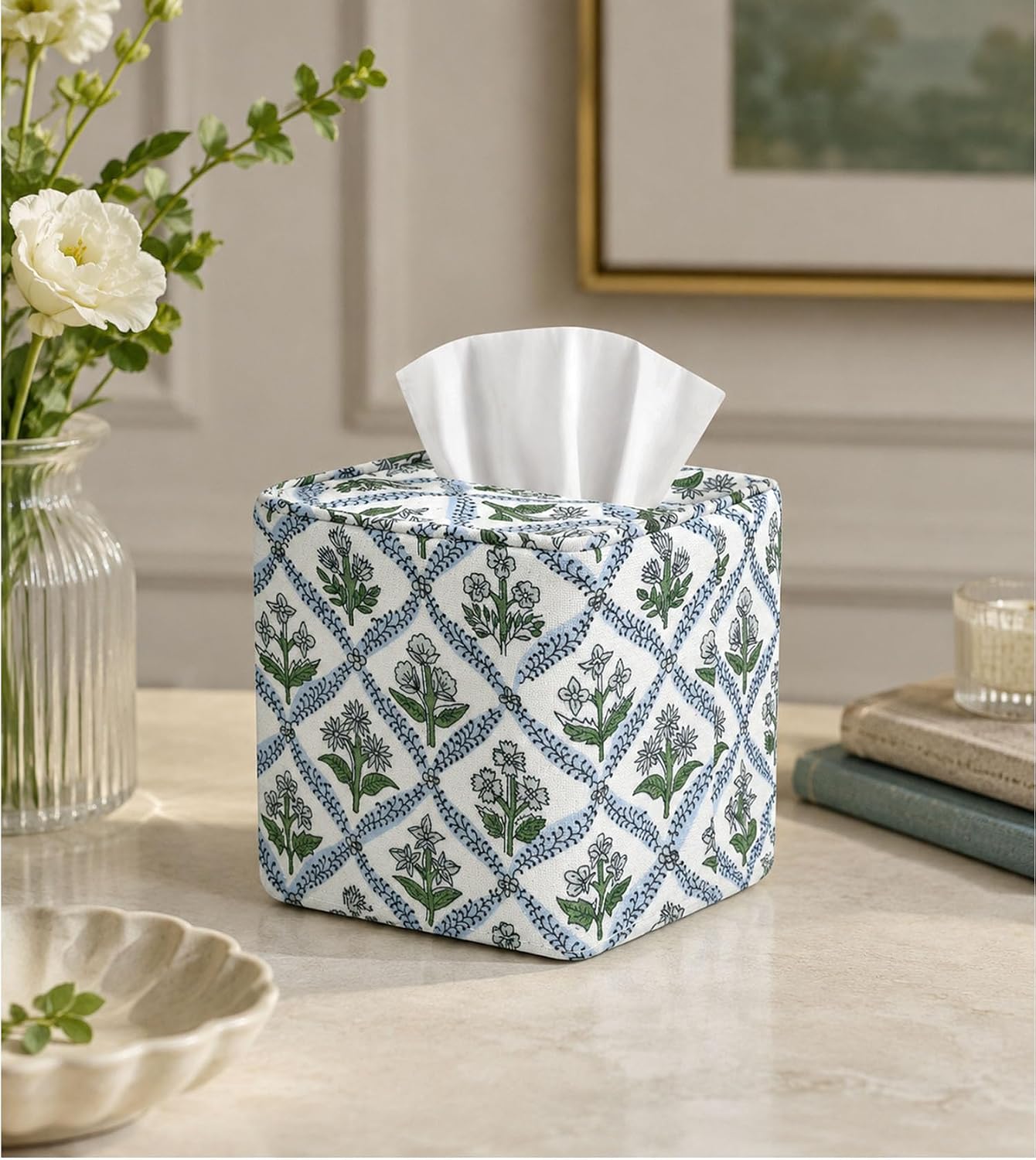 Livelab Cotton Handmade Print Tissue Box Cover – Fabric Decorative Square Napkin Holder, Stylish Tissue Case Facial Paper Cube Cover for Your Home, Officce, Car and Bathroom | Green Flower