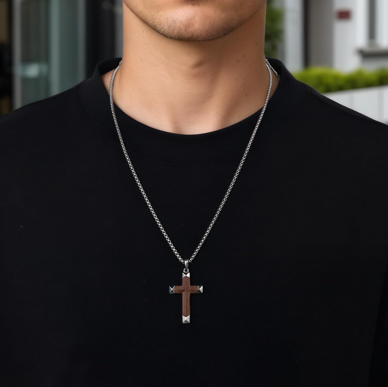 Wooden Cross Necklace for Men Natural Wood Mens Cross necklaces With Adjustable Box Chain 24-26 inches Christian Jewelry Gift - Image 4
