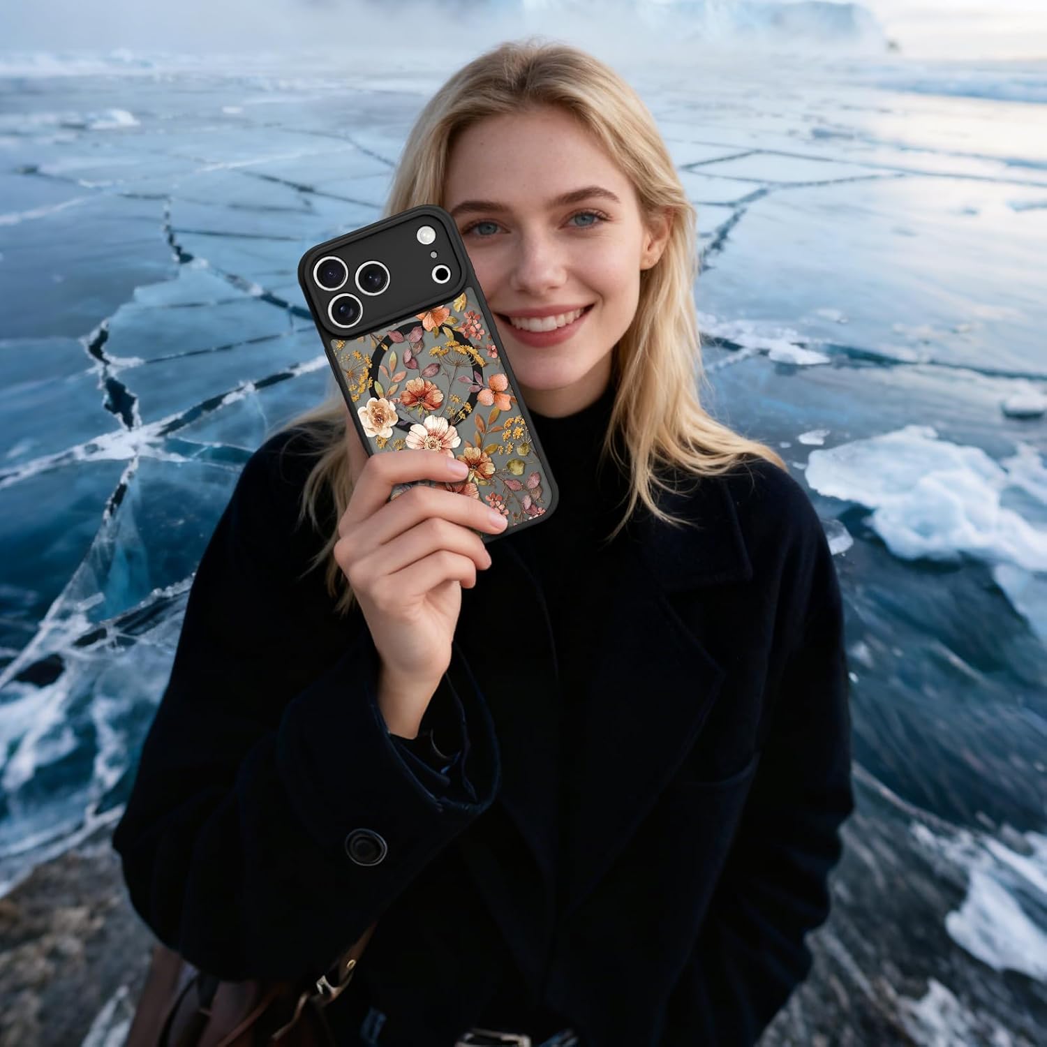 MOWIME Magnetic for iPhone 17 Pro Max Case, Compatible with Magsafe, Cute Floral Flower Print Design Phone Case for Women Girls Soft TPU Bumper Hard PC Back Translucent Slim Matte Cover, Black