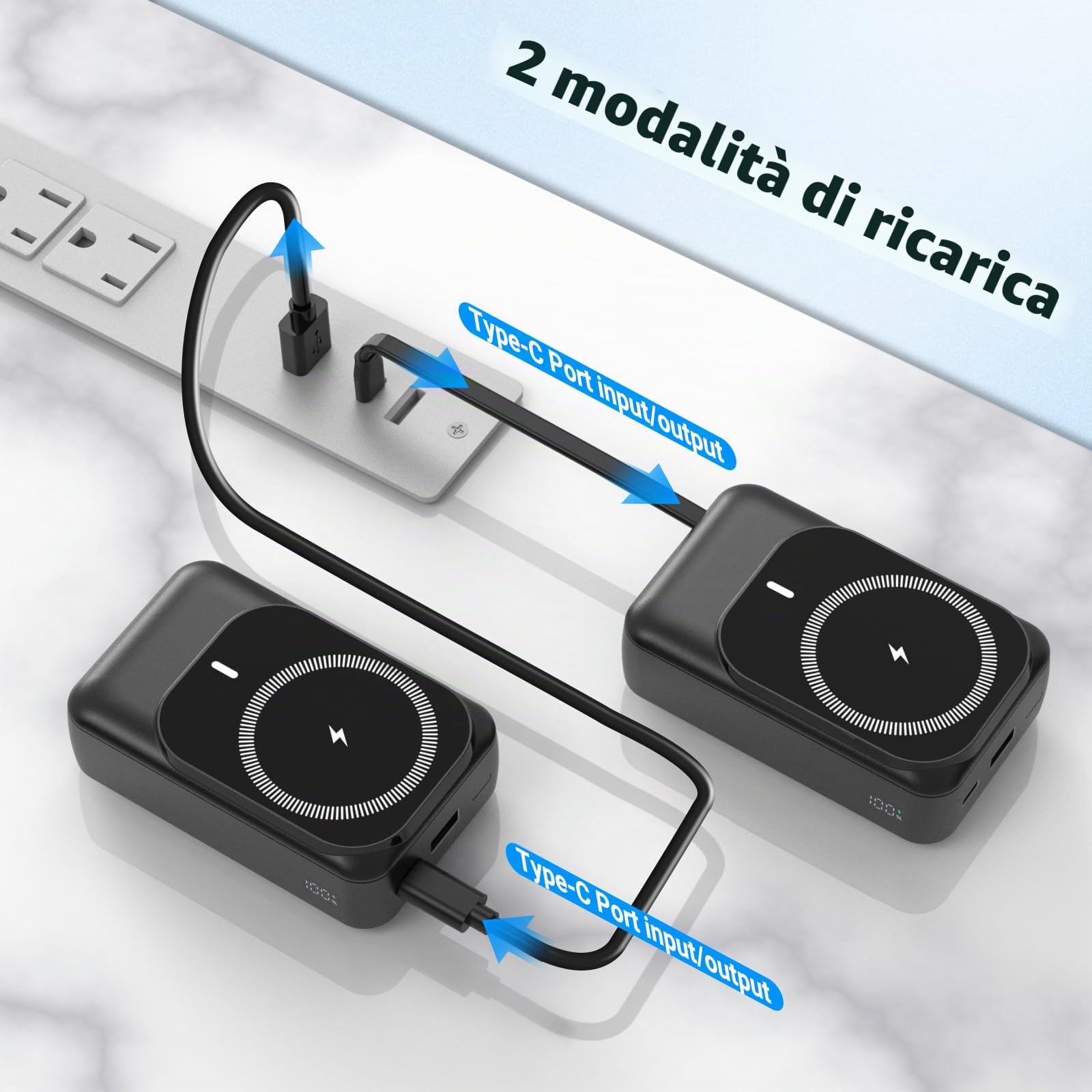 Batteria esterna magnetica senza fili 26800 mAh, per Magsafe Powerbank con 2 cavi integrati, PD 22,5 W, ricarica rapida, compatibile con iPhone Air 17/16/15/14/13/12 Plus/Mini/Pro/Pro MAX - Nero