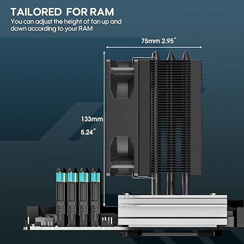 Miniatura 2 de Vetroo V3 - Enfriador de aire para CPU con iluminación ARGB y control inteligente PWM, diseño compacto con ventilador de 5.236 in y 3.622 in, tubos
