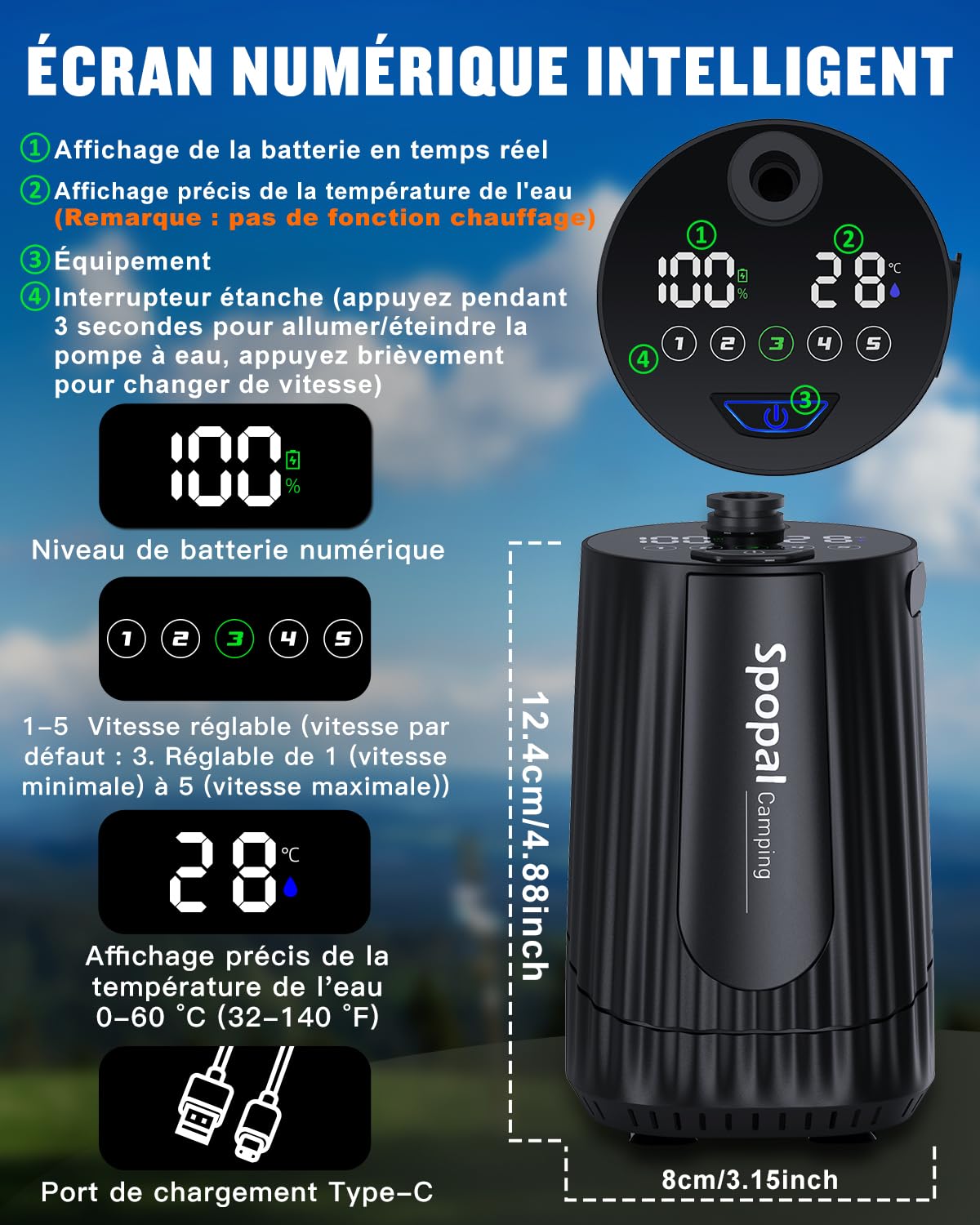 Spopal Douche Portable,[20L&IPX8 Étanche] Kit Douche Camping,avec Seau,Robuste,Durable,10000mAh,Charge Type-C,5 Vitesses,Écran Intelligent,pour Bain des Animaux,Camping et Voyages