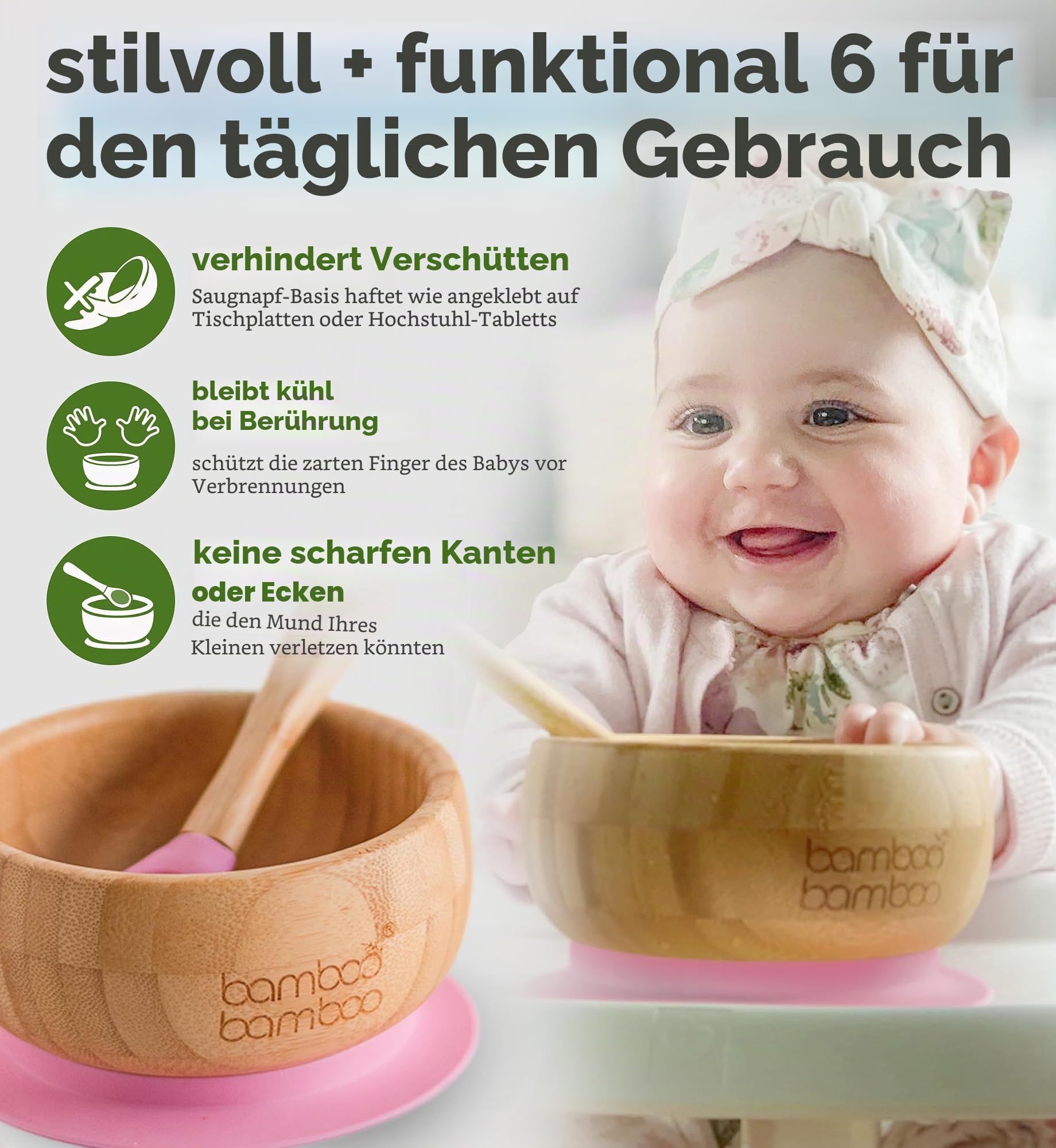 bamboo bamboo Baby Teller Baby Geschenk, Kindergeschirr set mit Sugnapf Teller Baby Schüssel und Baby Löffel, Kindergeschirr mit Saugnapf ab 6 Monaten (Divider, Rosa)