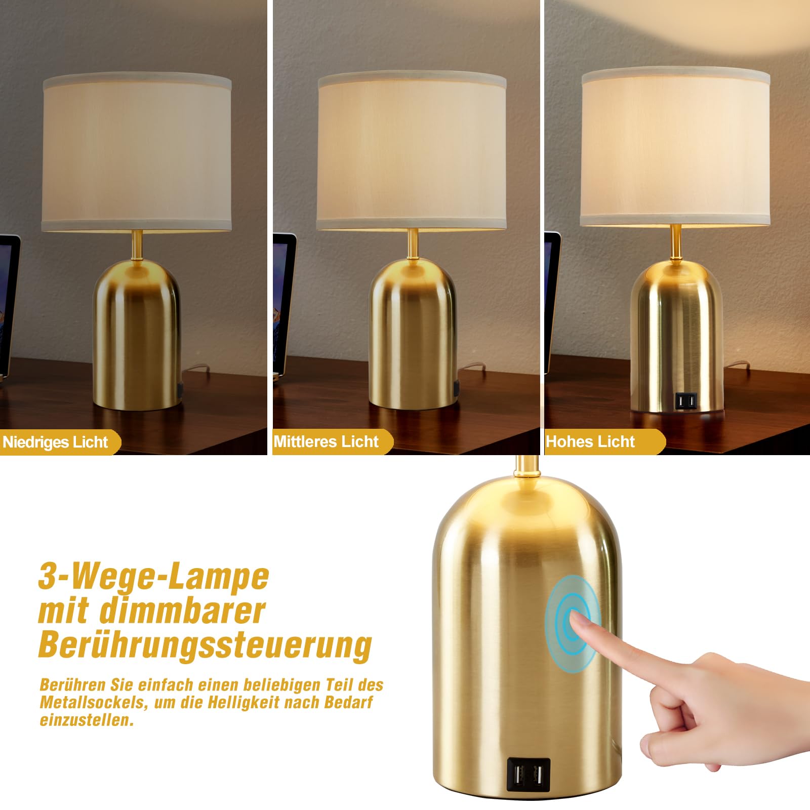 GyroVu Moderne Nachttischlampe mit USB-Port & Touch-Control & 3-Stufen Dimmbar, Stoffschirm & Goldfarbener Fuß für Schlafzimmer, Wohnzimmer und Home Office