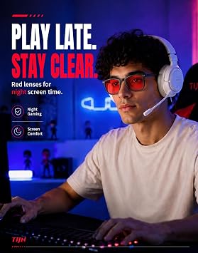 TIJN Red Lens Blue Light Blocking Glasses, Square Frame for Computer Gaming | Dual AR coatings, spring hinges, red lenses filter blue green light for evening computer, phone, TV, gaming screen use