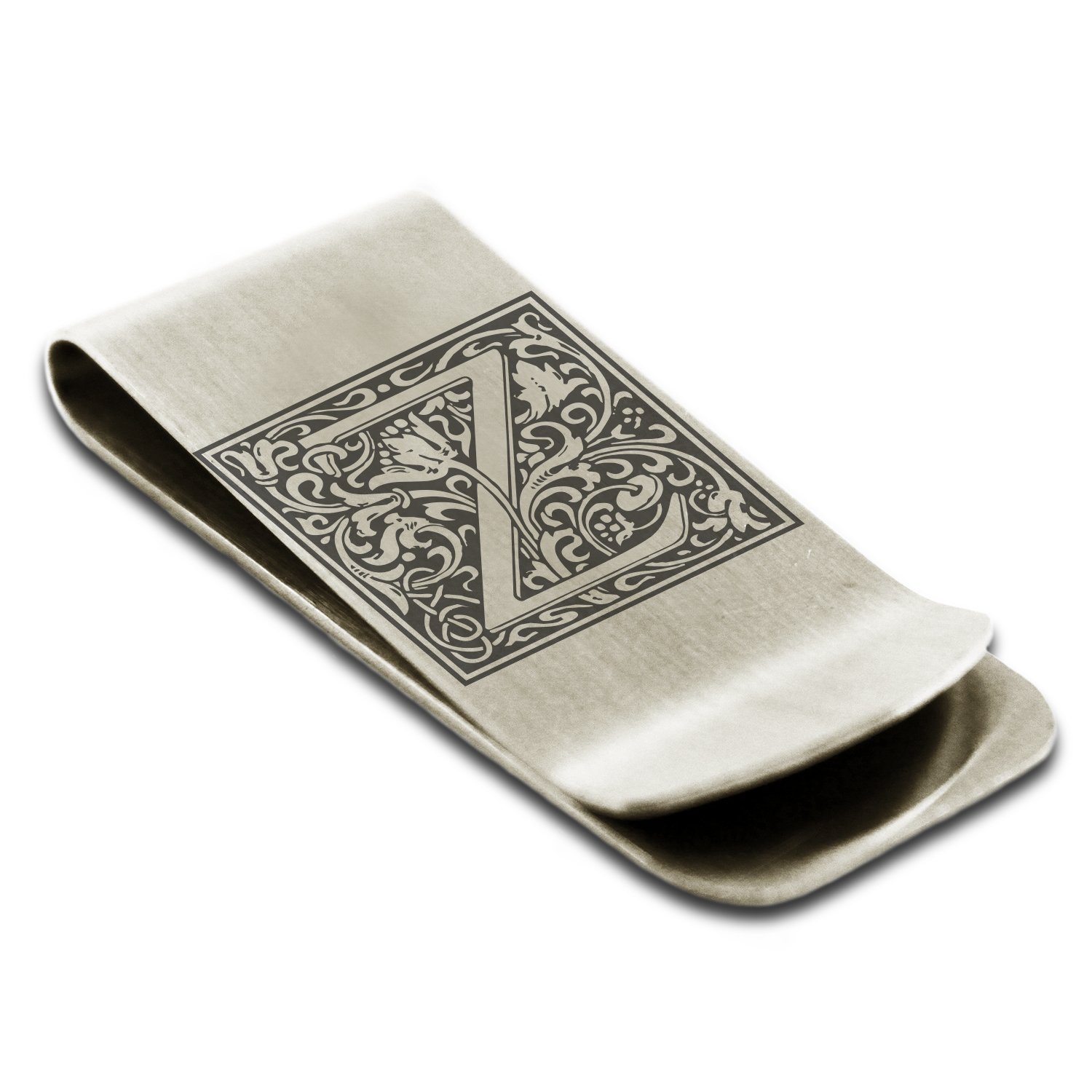 Tioneer Stainless Steel Letter Z Initial Floral Box Monogram Engraved Money Clip Credit Card Holder