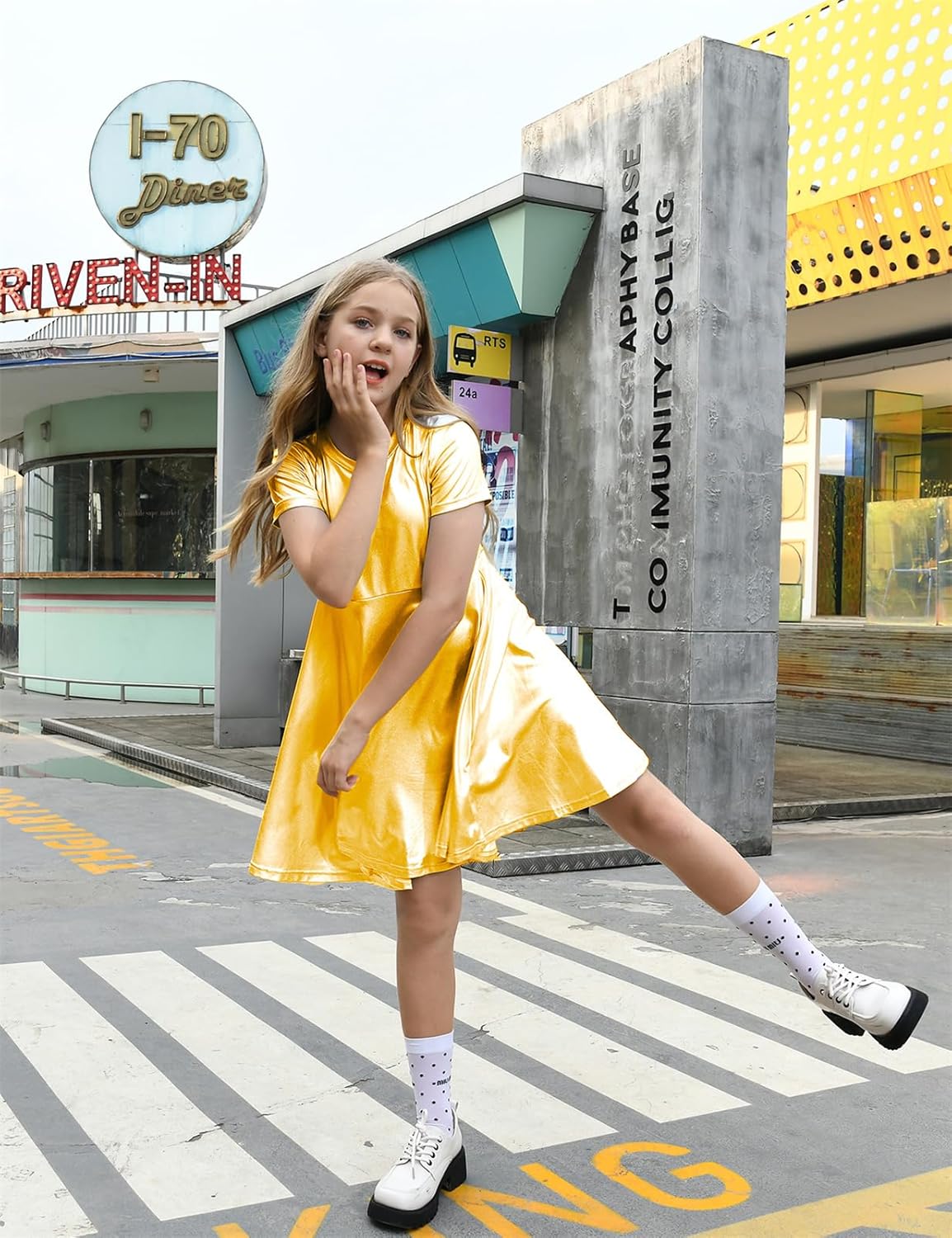 Girls Metallic Dress Kids Sparkly Shiny Dresses Short Sleeve Twirl Swing Dresses - Image 4