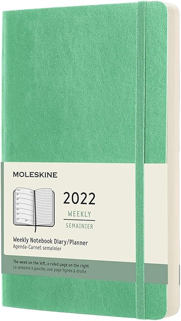 Moleskine Weekly Planner 2022, 12-Month Weekly Diary, Weekly Planner and Notebook, Hard Cover, Large Size 13 x 21 cm, Colour Ice Green, 144 Pages
