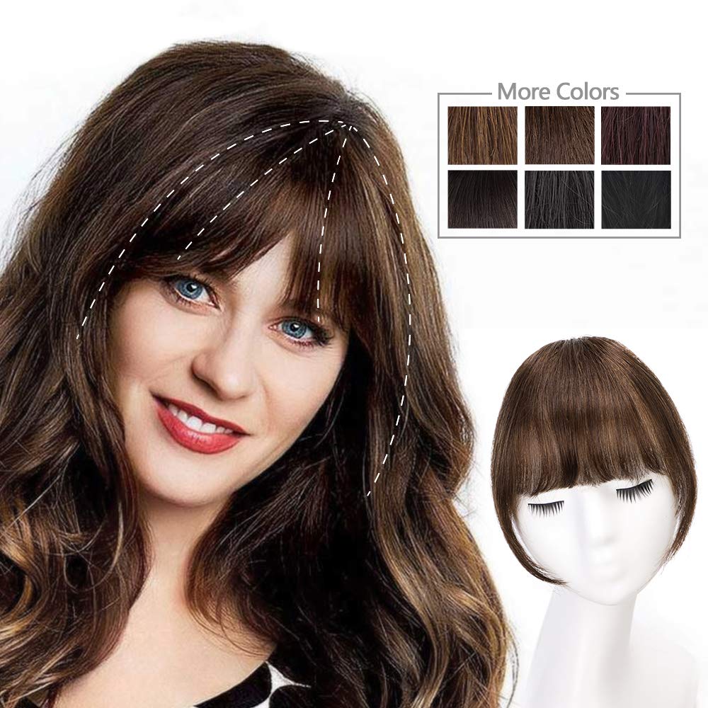 HMD Clip in Bangs 100% Human Hair Bangs Extensions for Women Medium Brown Clip on Fringe Bangs Real Hair Nice Natural Flat Neat Bangs with Gradual Temples One Piece Hairpiece for Party and Daily Wear.