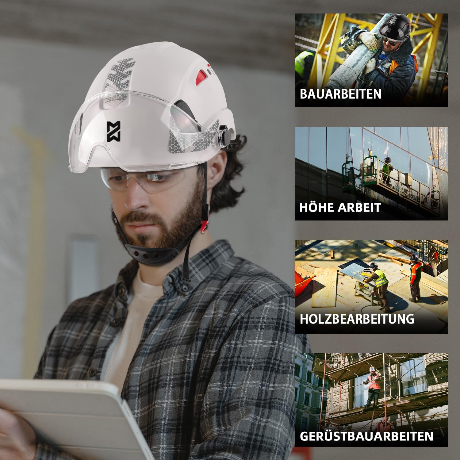 HEARMOR Casco protettivo per caschi da cantiere, EN 397, casco da lavoro ventilato per adulti, sistema a cricchetto regolabile con visiera opzionale trasparente e fumo