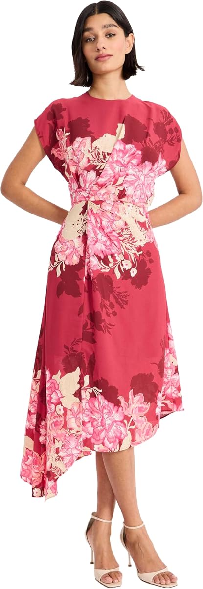 Maggy London Vestido elegante floral con cuello redondo y manga corta para mujer, para invitados de boda y fiesta de cóctel