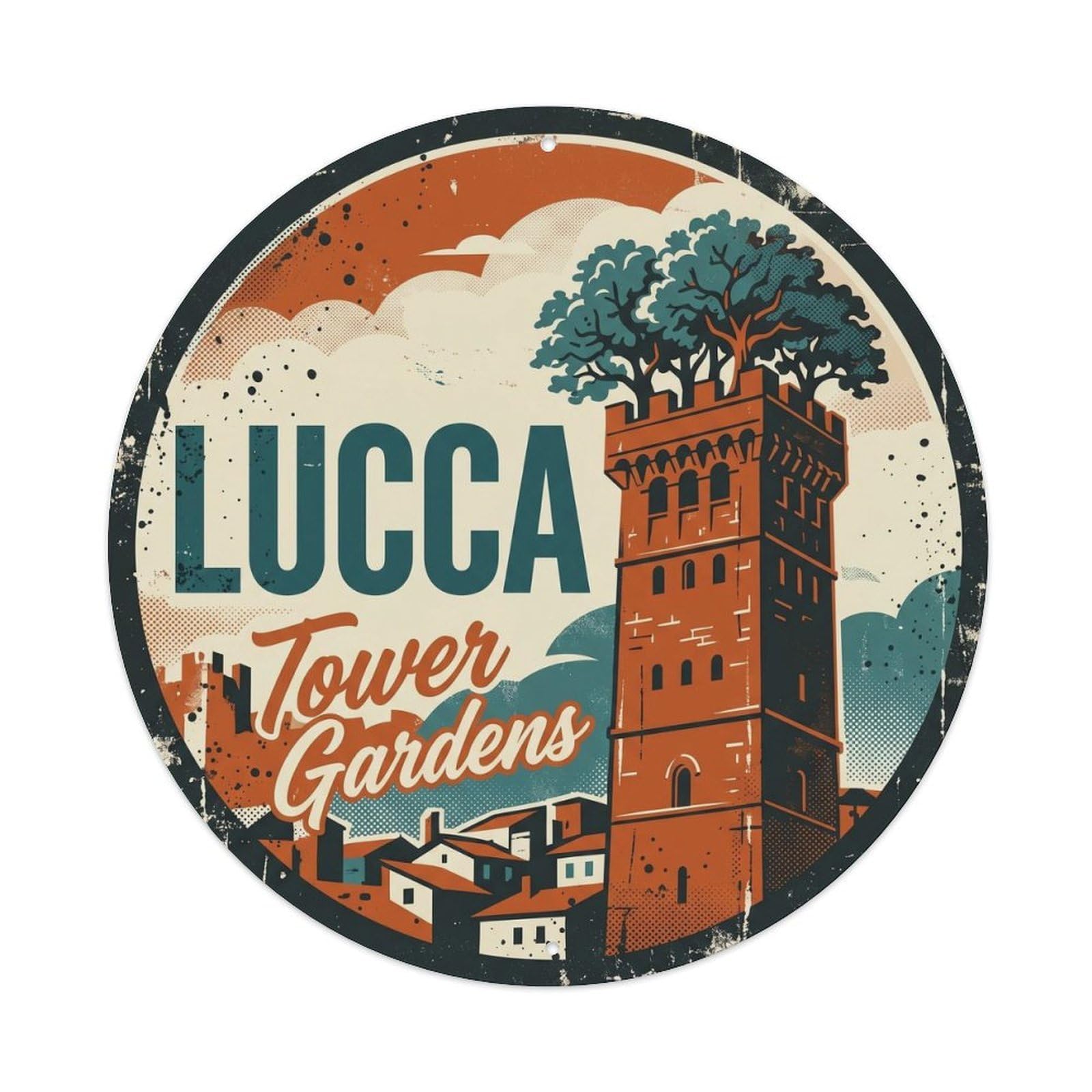 Fqcyn Style Vintage Travel Lucca Tower Italy Metal Tin Sign Plaque Wall Decor For Cafe, Club Bar, Office, Home Garden Round Metal Poster 8X8inch