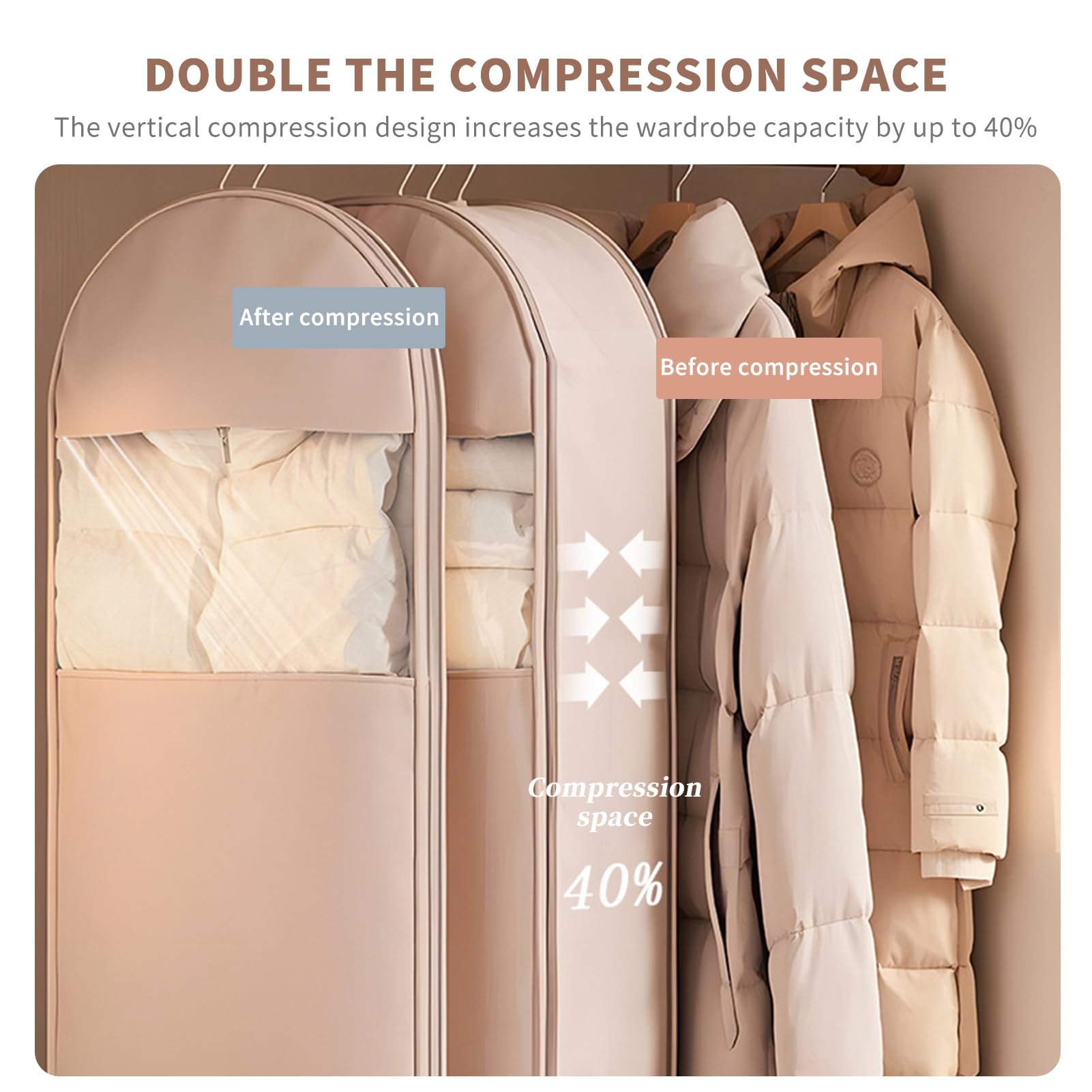 Bolsa Para Ropa Colgante Autocomprimible y Ahorradora de Espacio, Fundas Ropa Armario para Almacenamiento de Trajes Vestidos Abrigos Americanas Camisas Vestidos de Noche Beige 3pc Medium 110 x 60cm