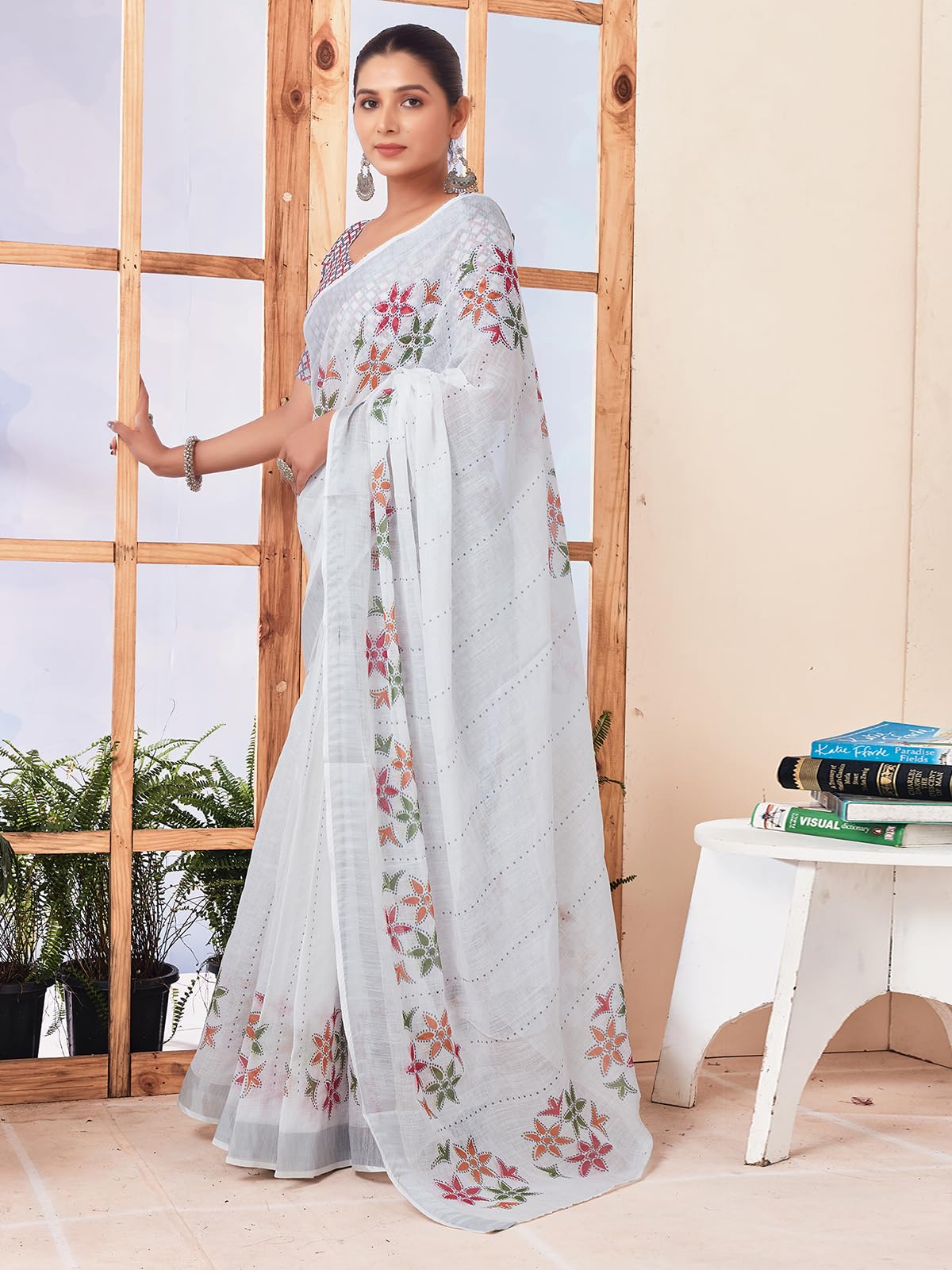 Satrani Women's Cotton Blend Floral Printed Ready To Wear One Minute Saree With Unstitched Blouse Piece (29Rs268N_White)