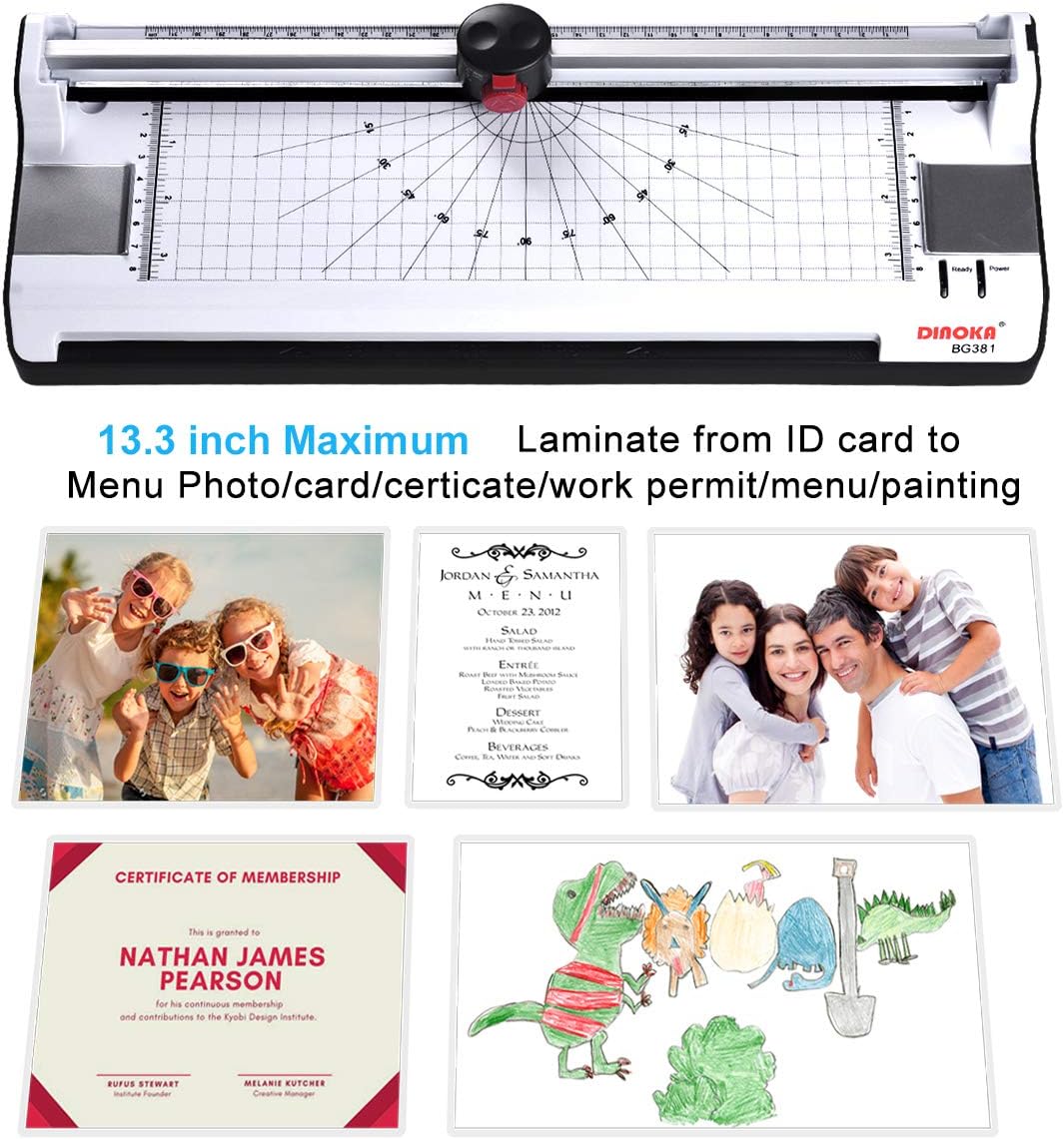 DINOKA Laminator showing maximum lamination width of 13.3 inches and examples of items that can be laminated, such as ID cards, photos, certificates, and menus.