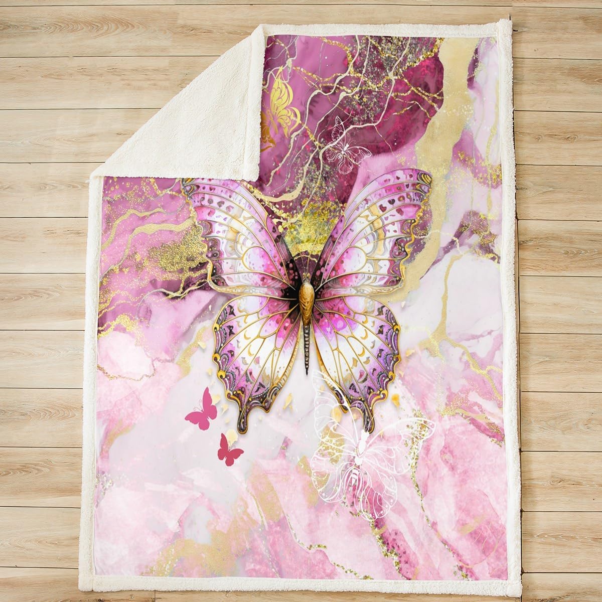 Pretty Butterfly Sherpa Blanket Boys Girls Pink Gold Fleece Throw Blanket for Kids Women Men Ultra Soft Animal Plush Blanket Nutrue Fuzzy Blanket for Sofa Bed Couch Room Decor,Throw 50x60 Inches