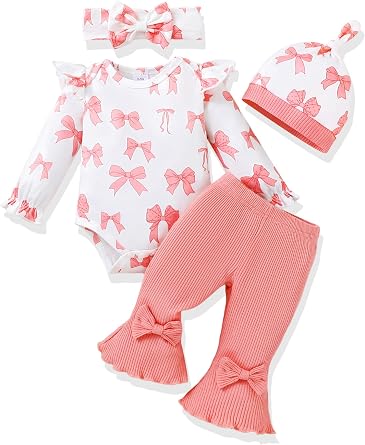 AMAWMW Baby Girl Clothes Ruffle Sleeve Romper Flared Pants Infant Outfit | 4 Pieces Outfit, 0-18 Months, Soft and Skin-friendly Fabric, Bow or Floral Print, Fall Winter Clothing Set