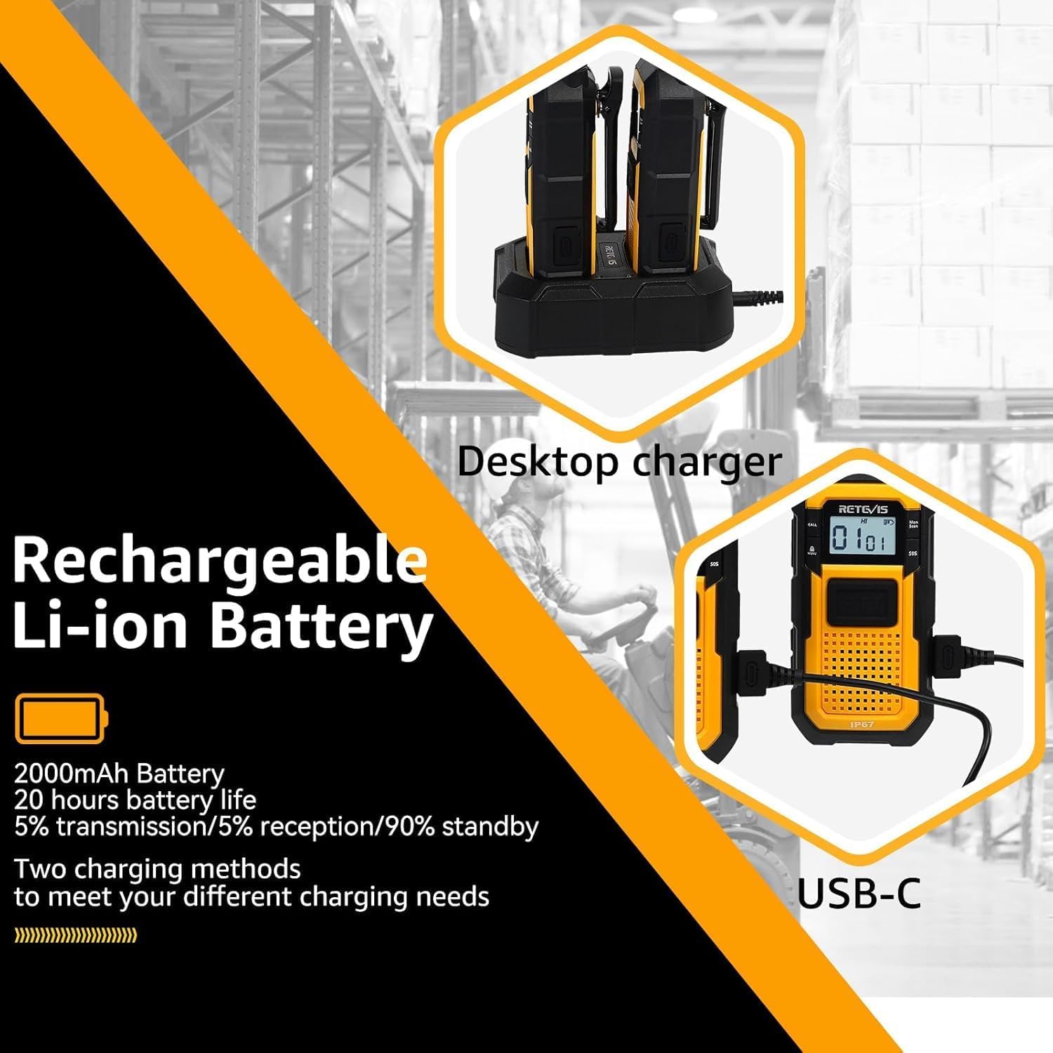 Retevis RB48 Walkie Talkies Long Range, 2 Way Radio with Shoulder Mic, IP67 Waterproof, 2000mAh, Vibration Reminder, Emergency, NOAA,MIL-STD-810H, Heavy Duty Two Way Radios (4 Pack) - 5