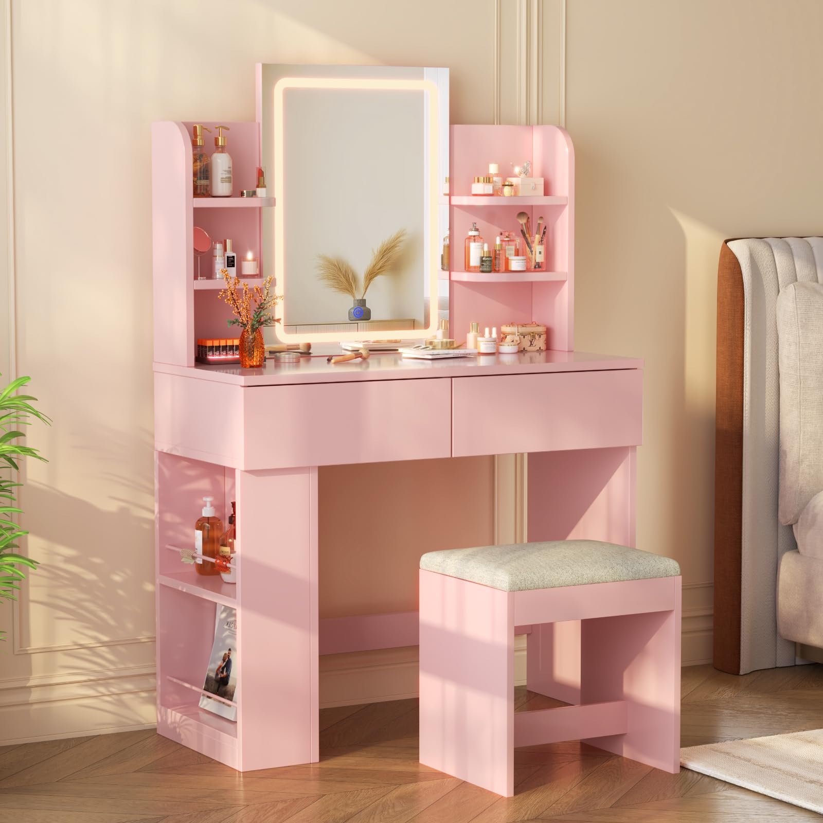 Devoko Tocador de Maquillaje con Taburete y Luces LED, Brillo Ajustable, Mesa de Maquillaje con Espejo, con 2 Cajones Grandes y 4 Estantes Abiertos y Taquilla Lateral, Vanity Moderno, Rosa