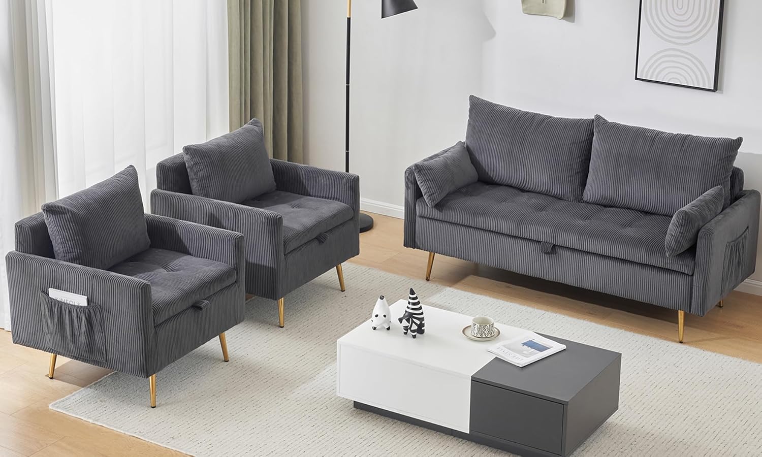 Furnimart 3-Piece Storage Sofa and Couch Set, Corduroy Loveseat with 2pc Accent Single Chairs, Small Living Room Furniture Set for Apartment, Tiny Homes and Lofts, 3PC-Gray