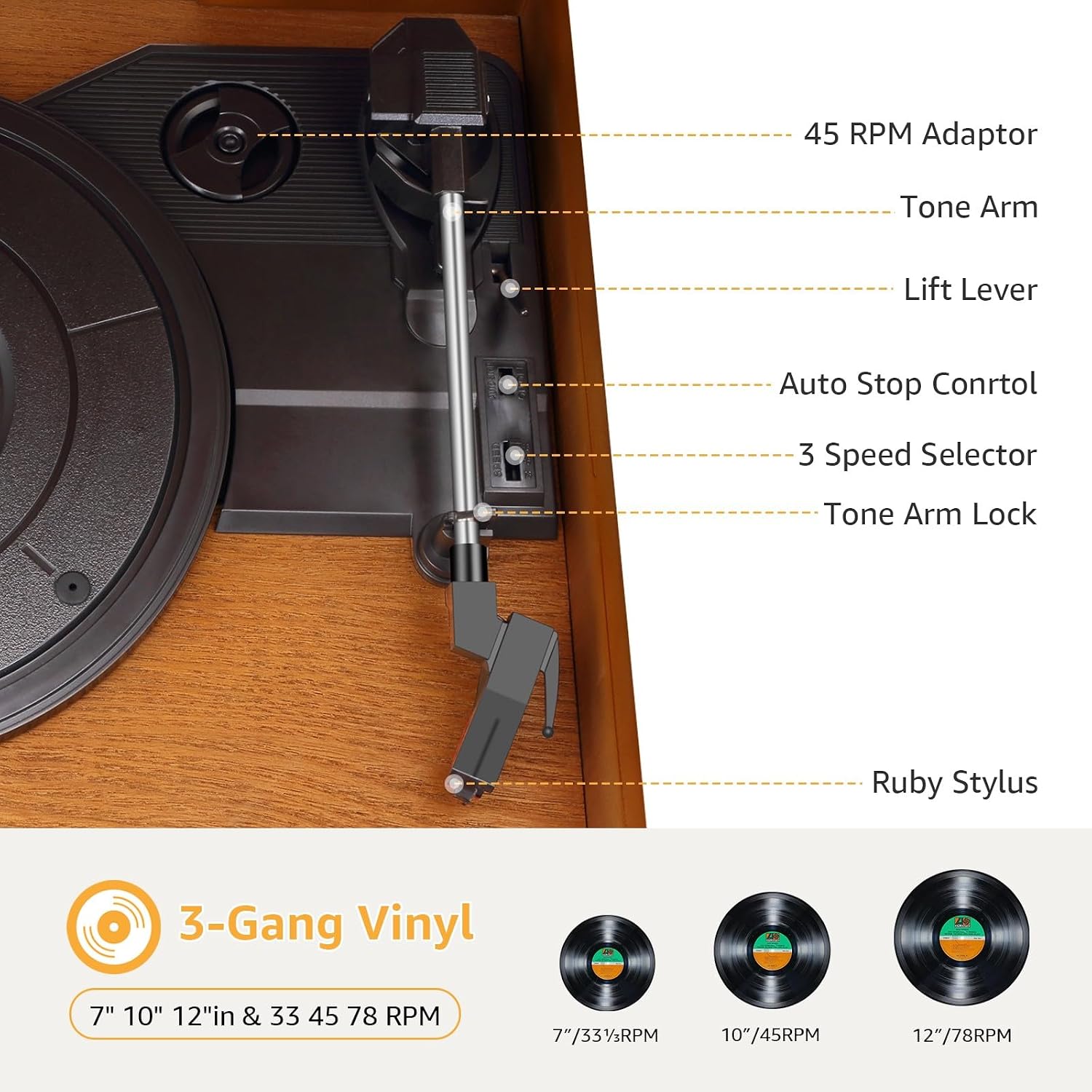 Close-up of the turntable components including tone arm, lift lever, auto stop control, speed selector, tone arm lock, and ruby stylus