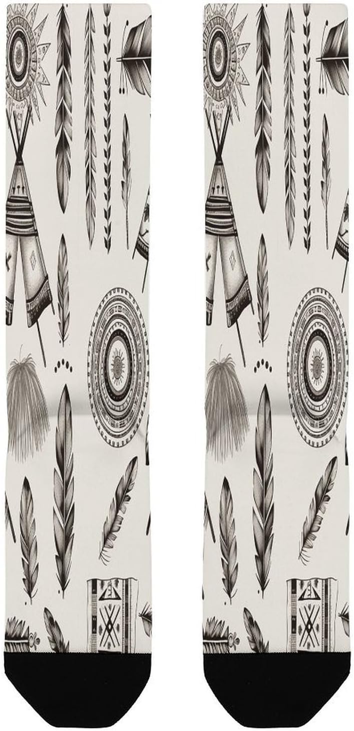 Feather Head Band Teepee Tent Compression Sock Circulation Support Socks Lightweight Knee High Tube Sock Over-The-Calf Sock for Adult
