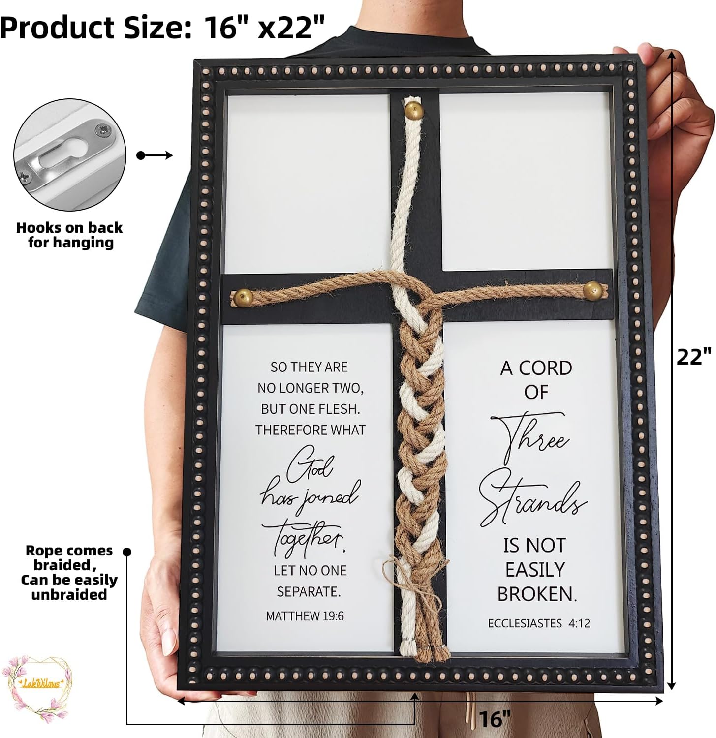 LakWilows Cord of Three Strands Wedding Cross Unity Sign 16x22 – 3 Strands Cord Braided Cross for Wedding Ceremony, Christian Gifts Ideas for Marriage, Anniversary