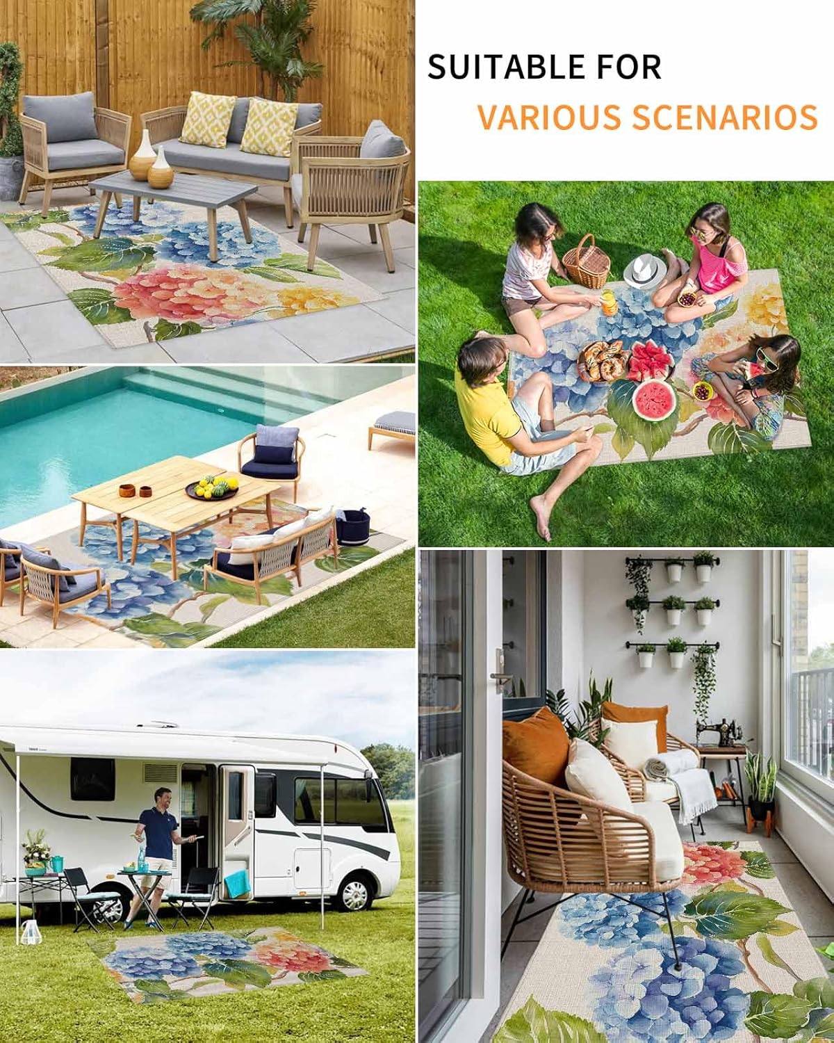 Outdoor Rug 4x6 ft Blue Pink Hydrangea Outdoor Large Area Rug Non Slip Rubber Linen Background Washable Front Door Mat RV Rug Camping Carpet Patio Outdoor Rugs for Backyard Balcony Deck Porch Indoor