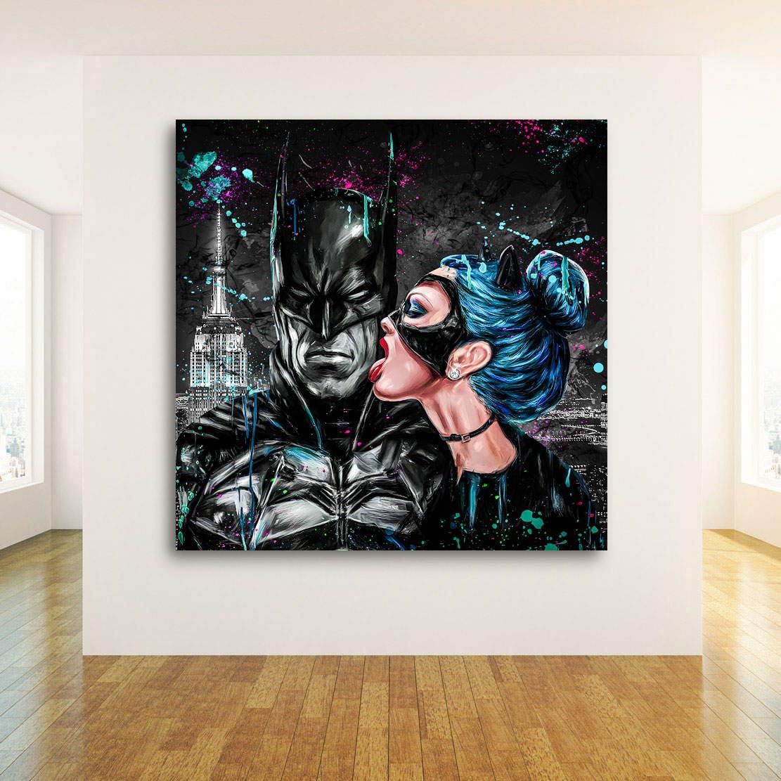 Kunstgestalten24 | Batman Catwoman Abstrakt Leinwand-Bild | Leinwandbild mit Echtholz-Keilrahmen | Wandbild Gemälde Kunst Art | Hochwertige Kunstdrucke | XXL Bilder auf Leinwand